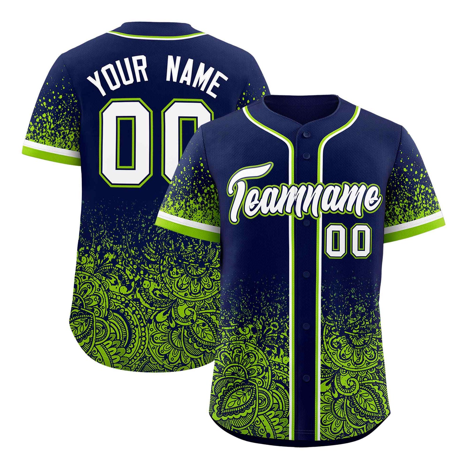 Custom Navy Neon Green Floral Print Pattern Full Button Gradient Fashion Baseball Jersey