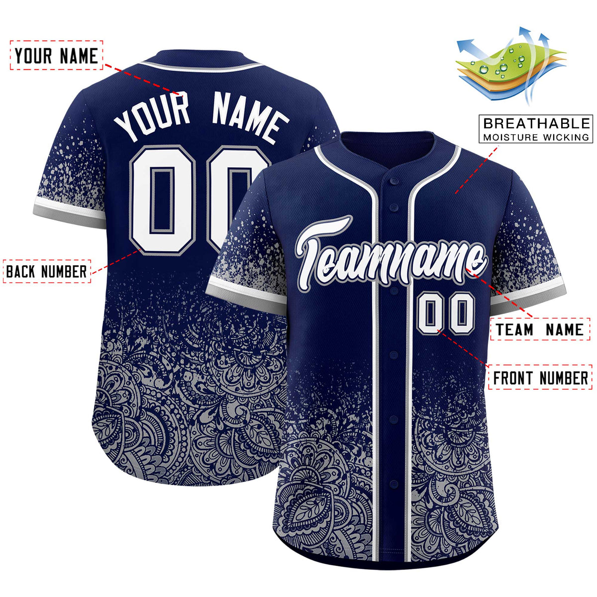 Custom Navy Gray Floral Print Pattern Full Button Gradient Fashion Baseball Jersey