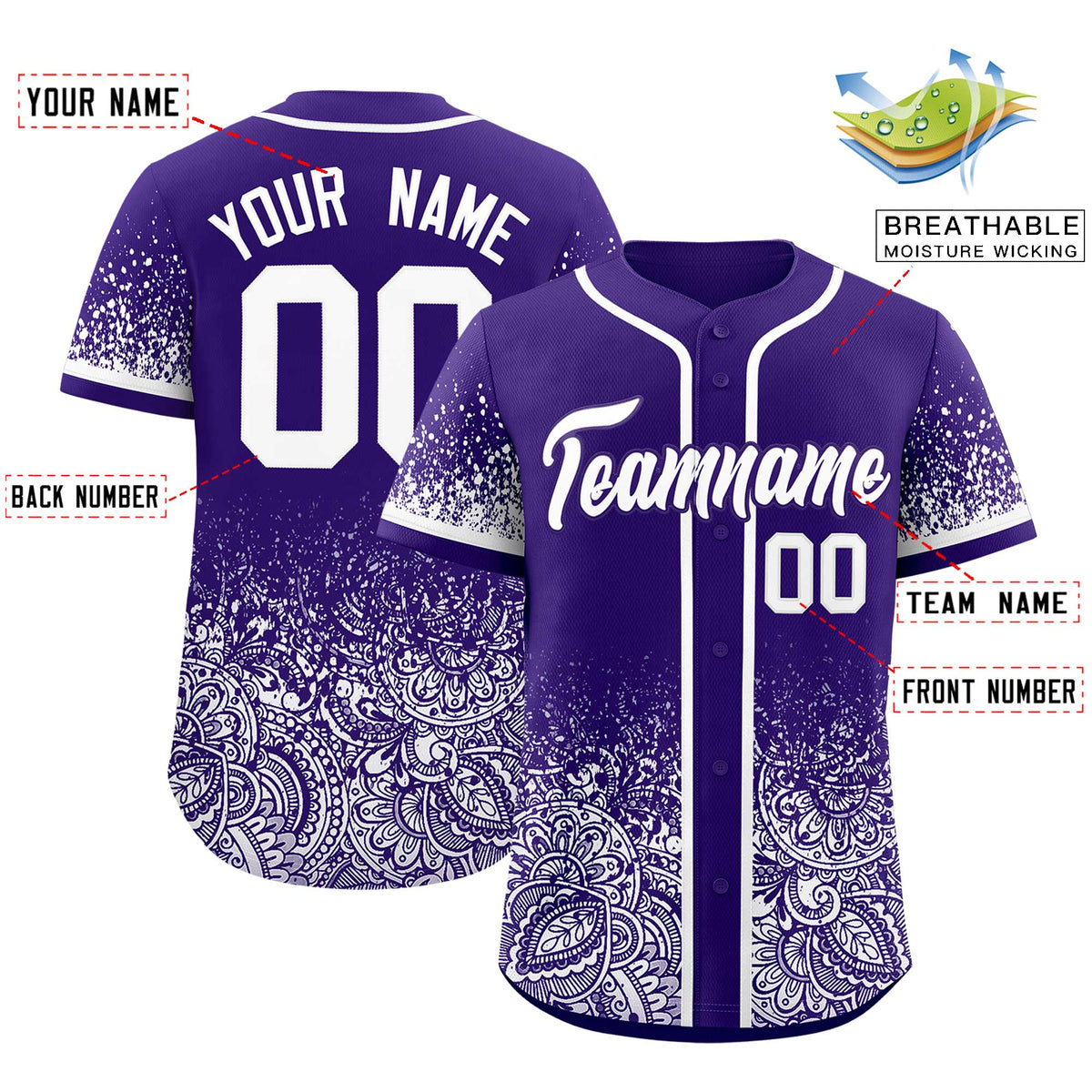 Custom Purple White Floral Print Pattern Full Button Gradient Fashion Baseball Jersey