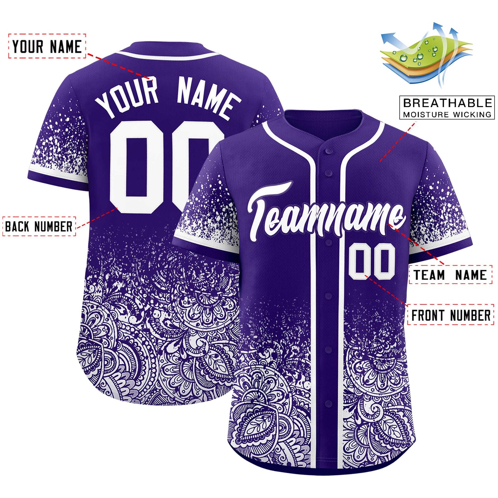 Custom Purple White Floral Print Pattern Full Button Gradient Fashion Baseball Jersey