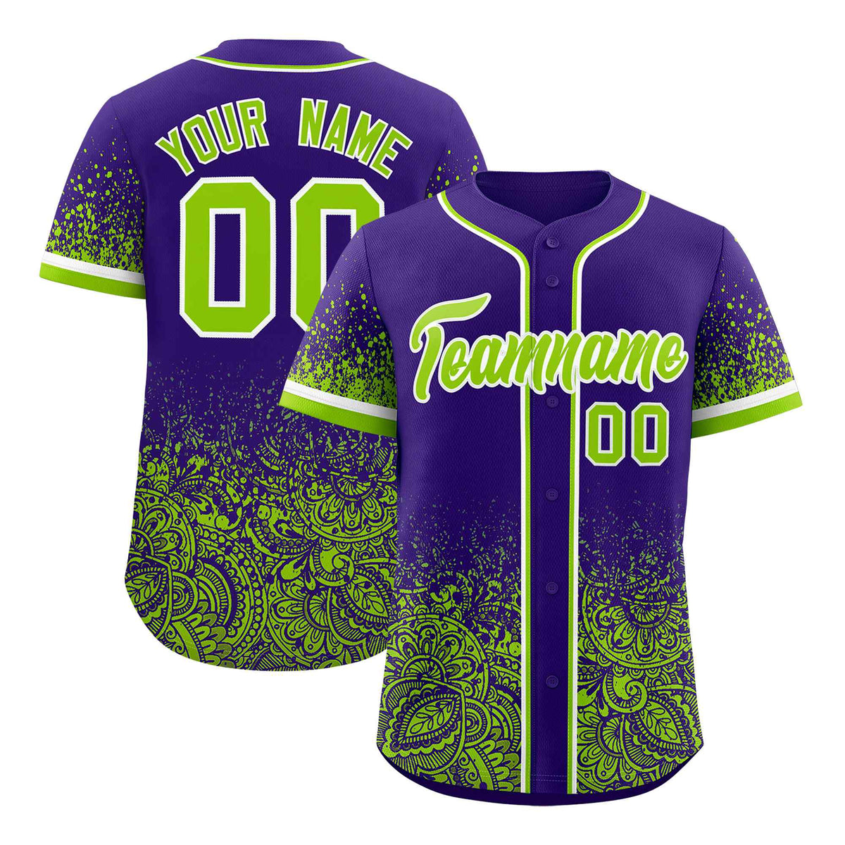 Custom Purple Neon Green Floral Print Pattern Full Button Gradient Fashion Baseball Jersey