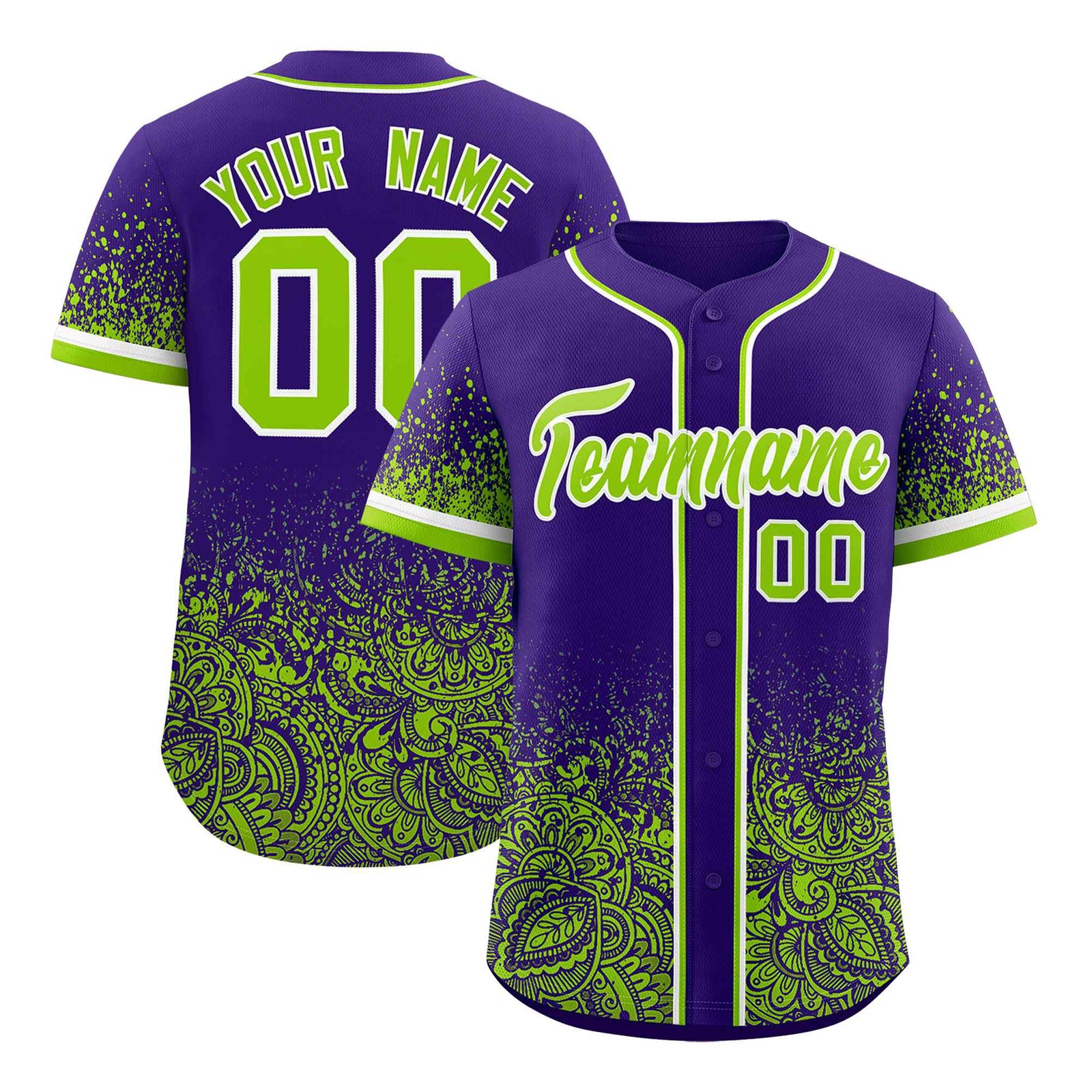 Custom Purple Neon Green Floral Print Pattern Full Button Gradient Fashion Baseball Jersey