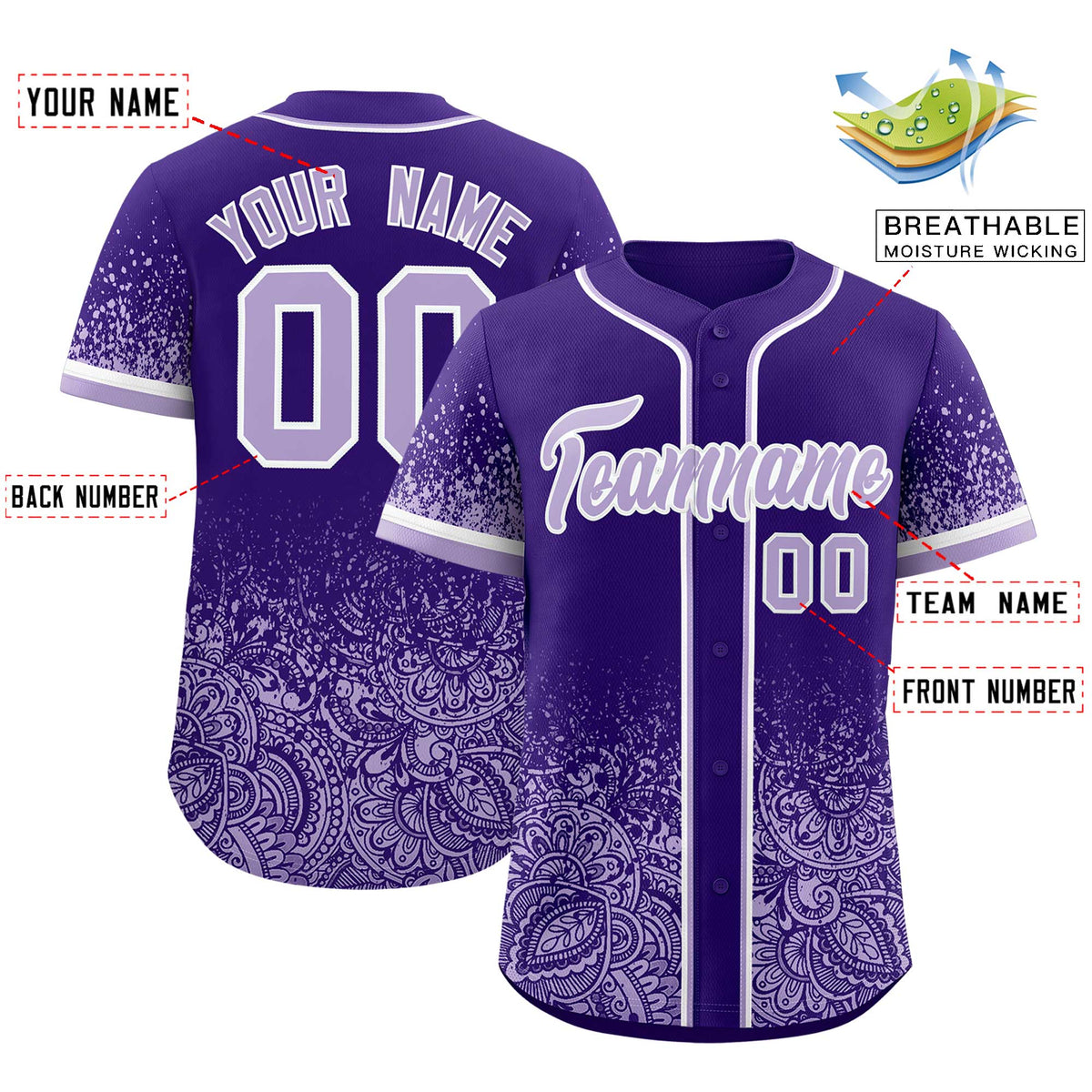 Custom Purple Light Purple Floral Print Pattern Full Button Gradient Fashion Baseball Jersey
