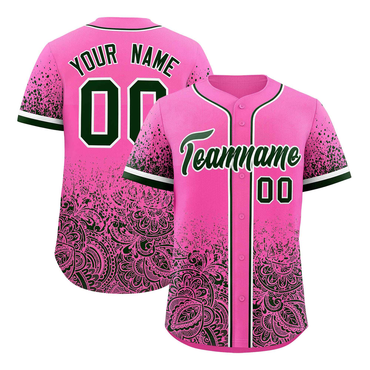 Custom Pink Green Floral Print Pattern Full Button Gradient Fashion Baseball Jersey