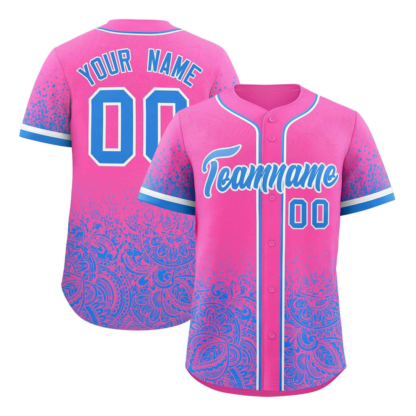 Custom Pink Light Blue Floral Print Pattern Full Button Gradient Fashion Baseball Jersey