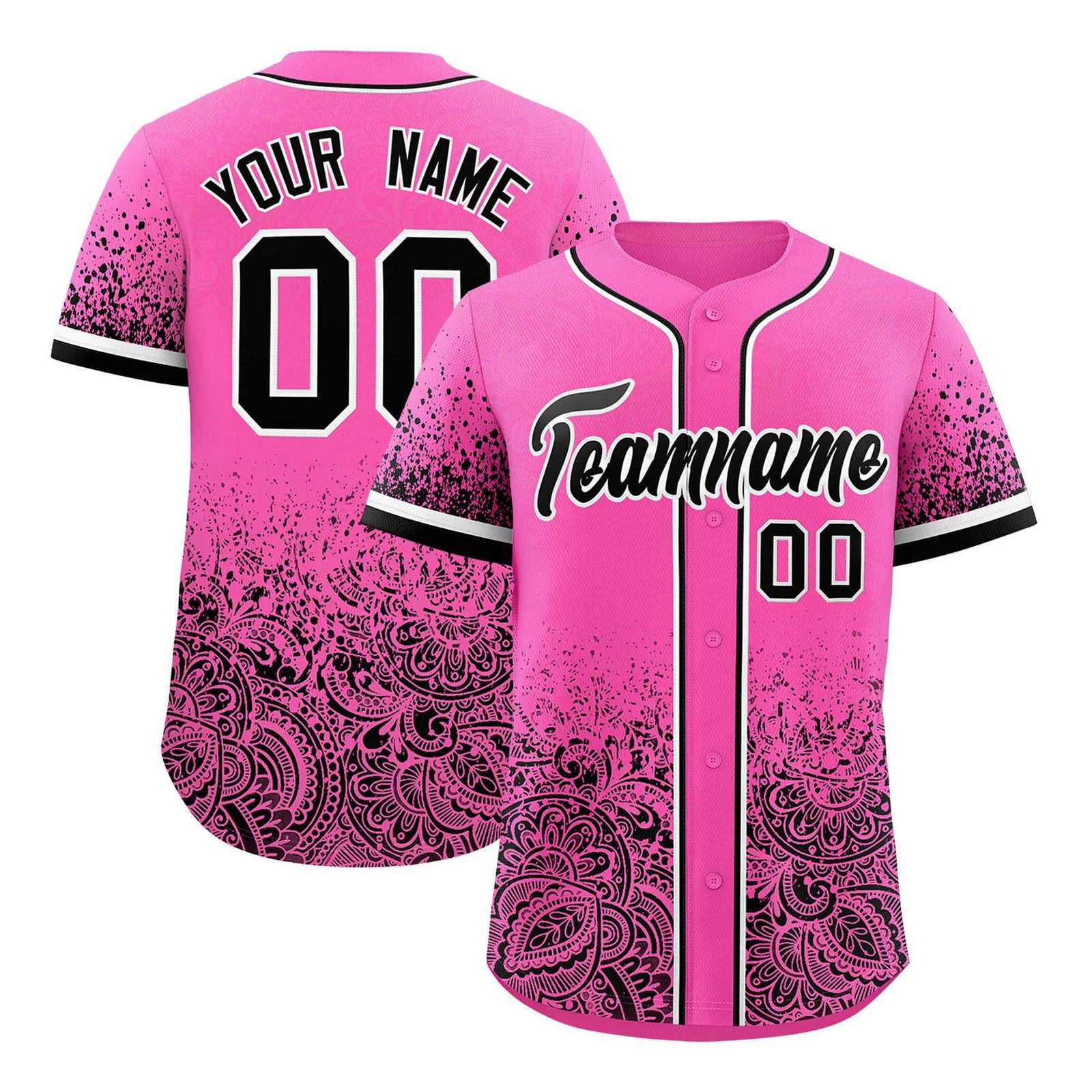 Custom Pink Black Floral Print Pattern Full Button Gradient Fashion Baseball Jersey