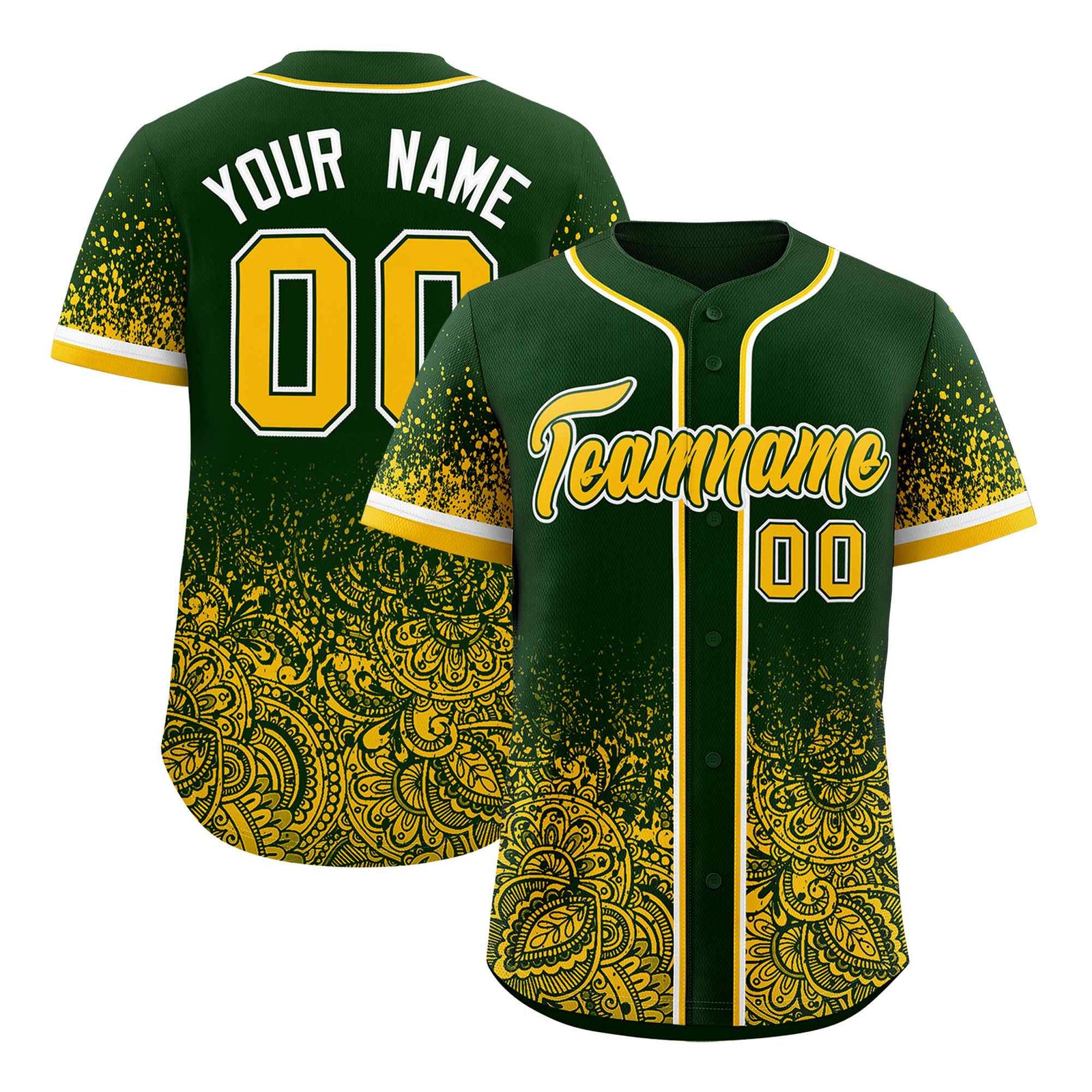 Custom Green Yellow Floral Print Pattern Full Button Gradient Fashion Baseball Jersey