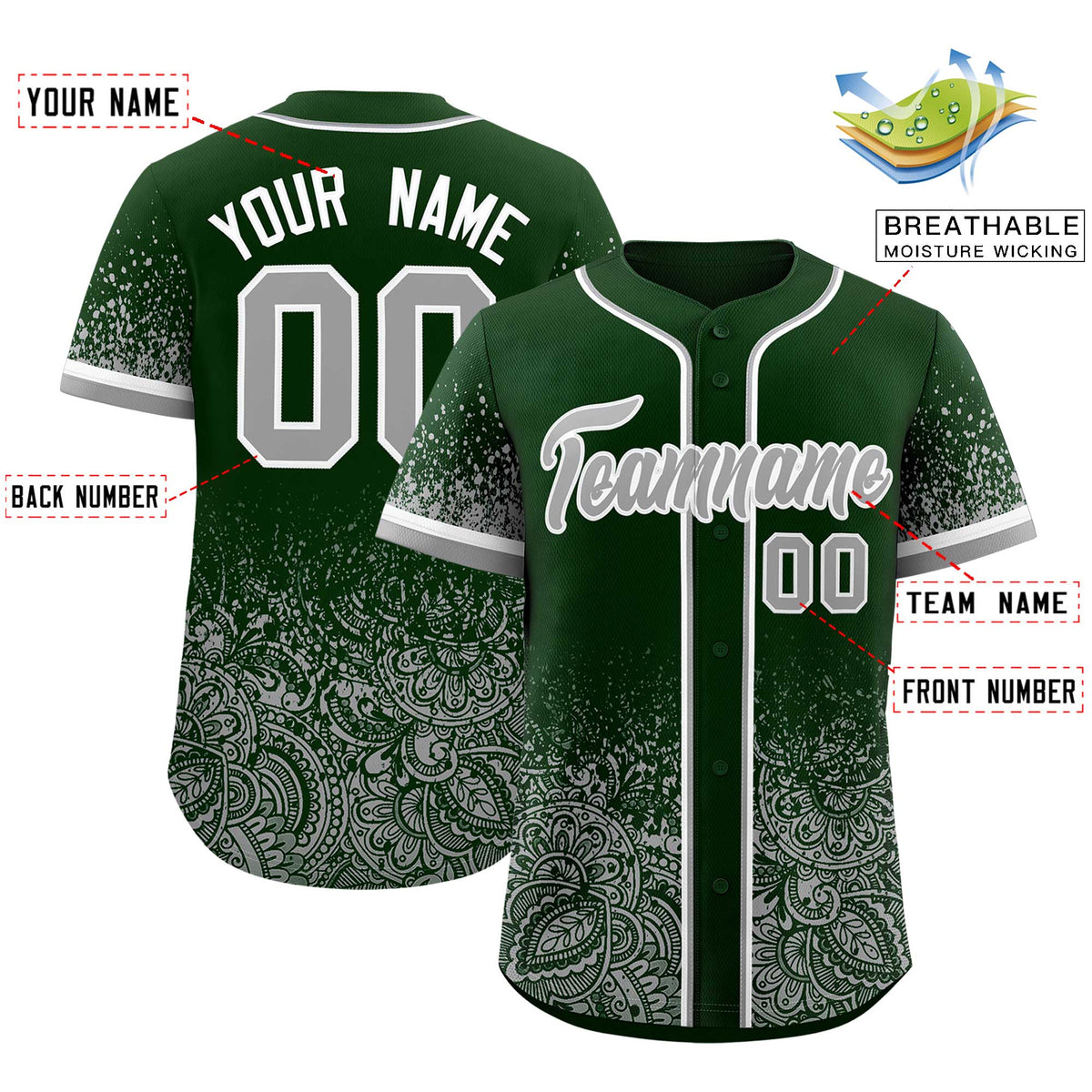Custom Green Gray Floral Print Pattern Full Button Gradient Fashion Baseball Jersey