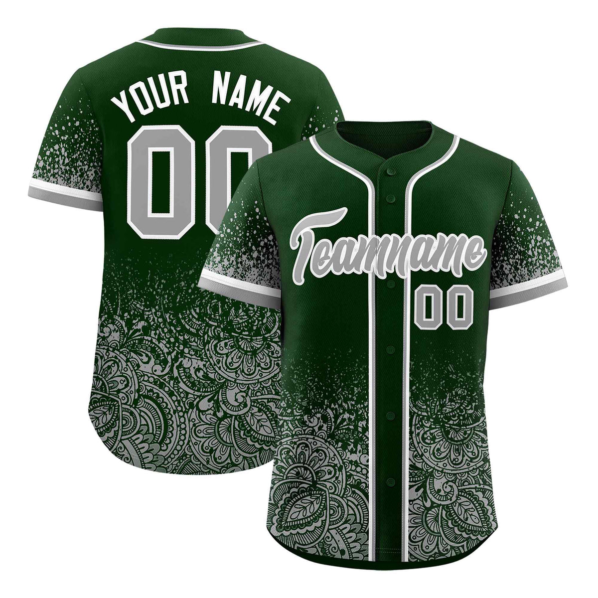 Custom Green Gray Floral Print Pattern Full Button Gradient Fashion Baseball Jersey