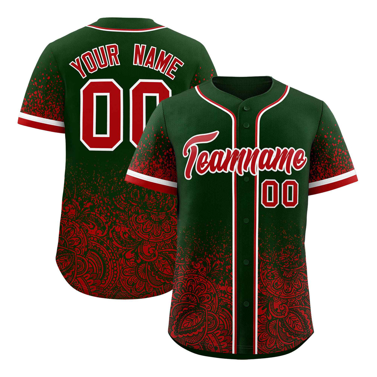 Custom Green Red Floral Print Pattern Full Button Gradient Fashion Baseball Jersey