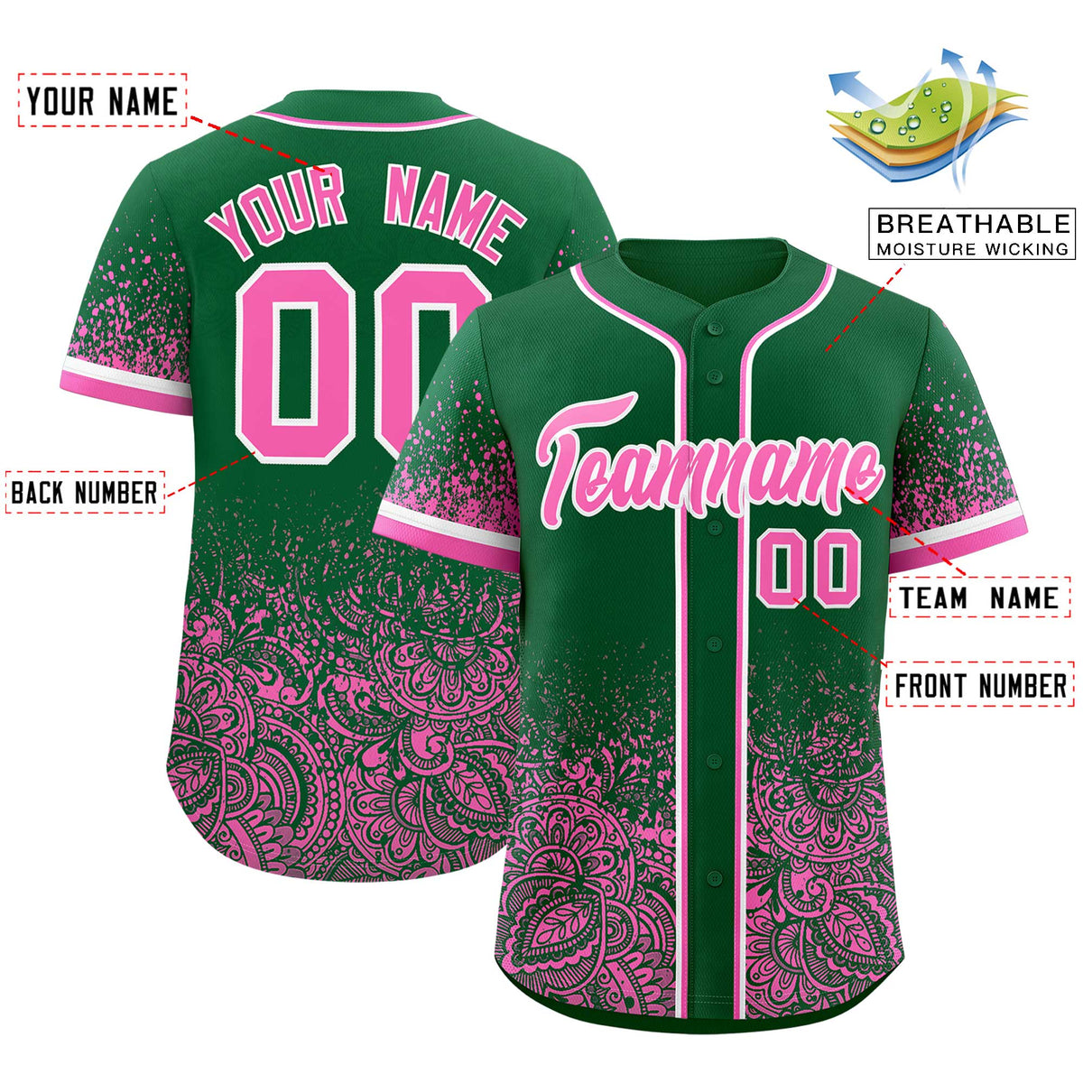Custom Kelly Green Pink Floral Print Pattern Full Button Gradient Fashion Baseball Jersey