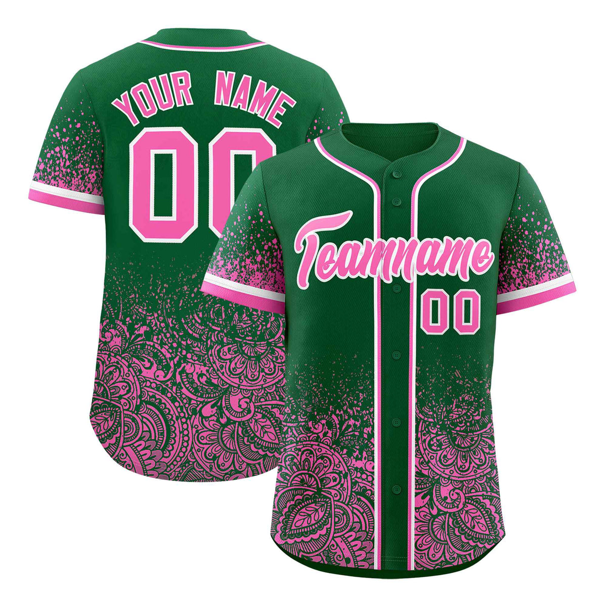 Custom Kelly Green Pink Floral Print Pattern Full Button Gradient Fashion Baseball Jersey