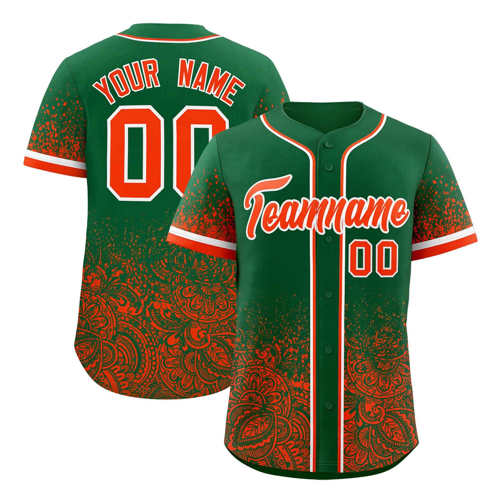 Custom Kelly Green Orange Floral Print Pattern Full Button Gradient Fashion Baseball Jersey