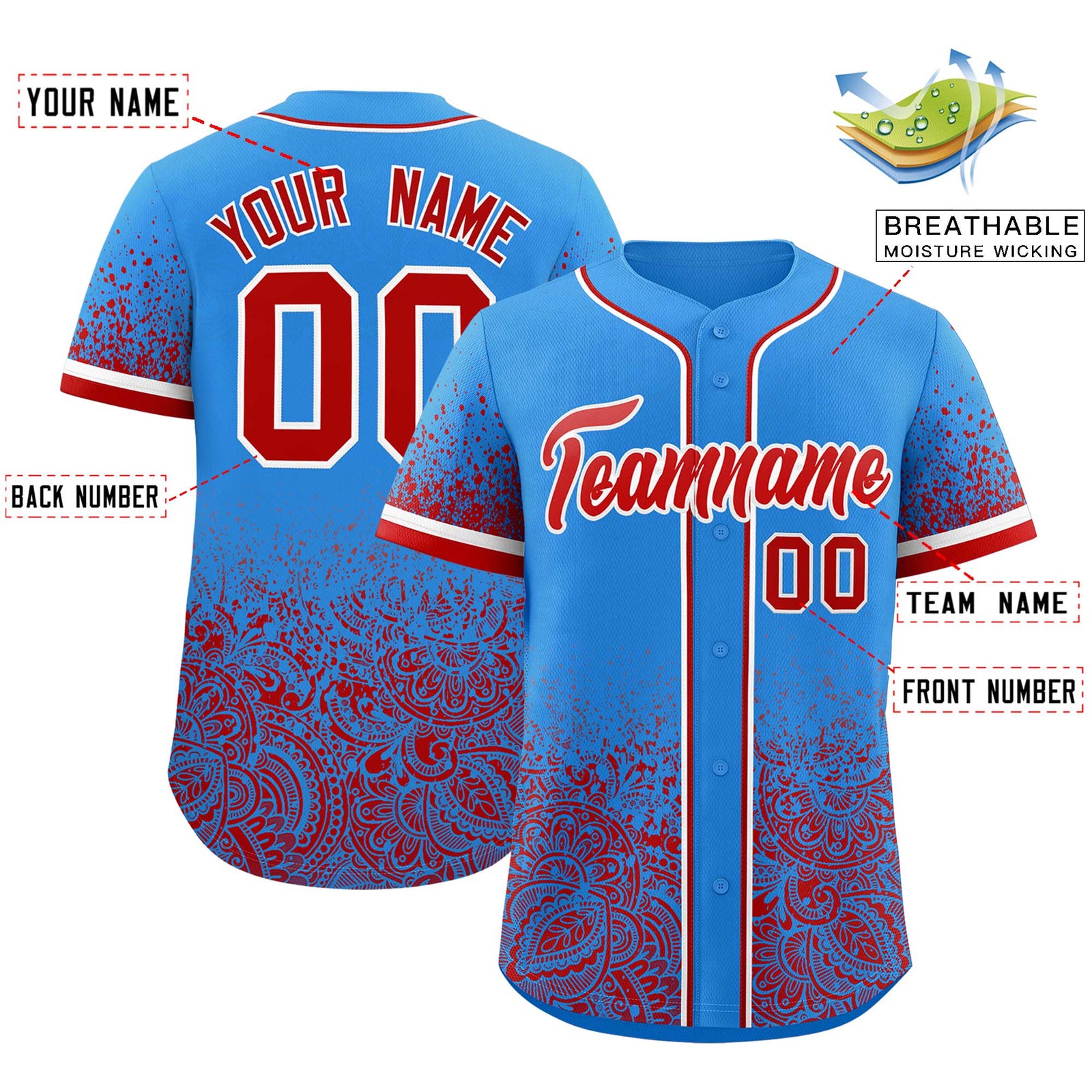 Custom Light Blue Red Floral Print Pattern Full Button Gradient Fashion Baseball Jersey