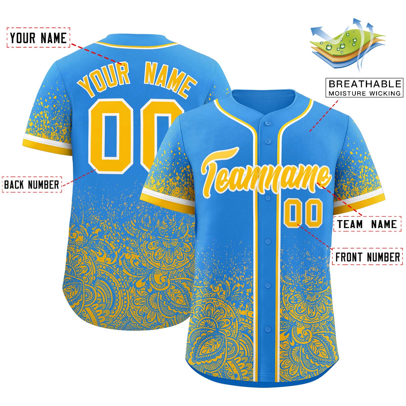 Custom Light Blue Yellow Floral Print Pattern Full Button Gradient Fashion Baseball Jersey