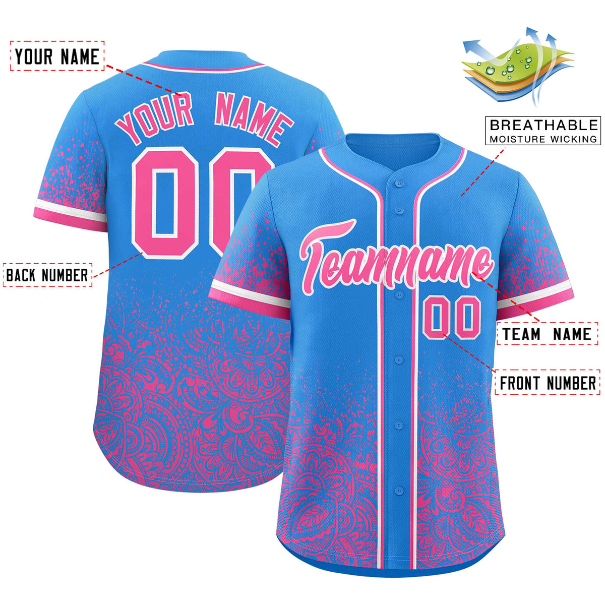 Custom Light Blue Pink Floral Print Pattern Full Button Gradient Fashion Baseball Jersey