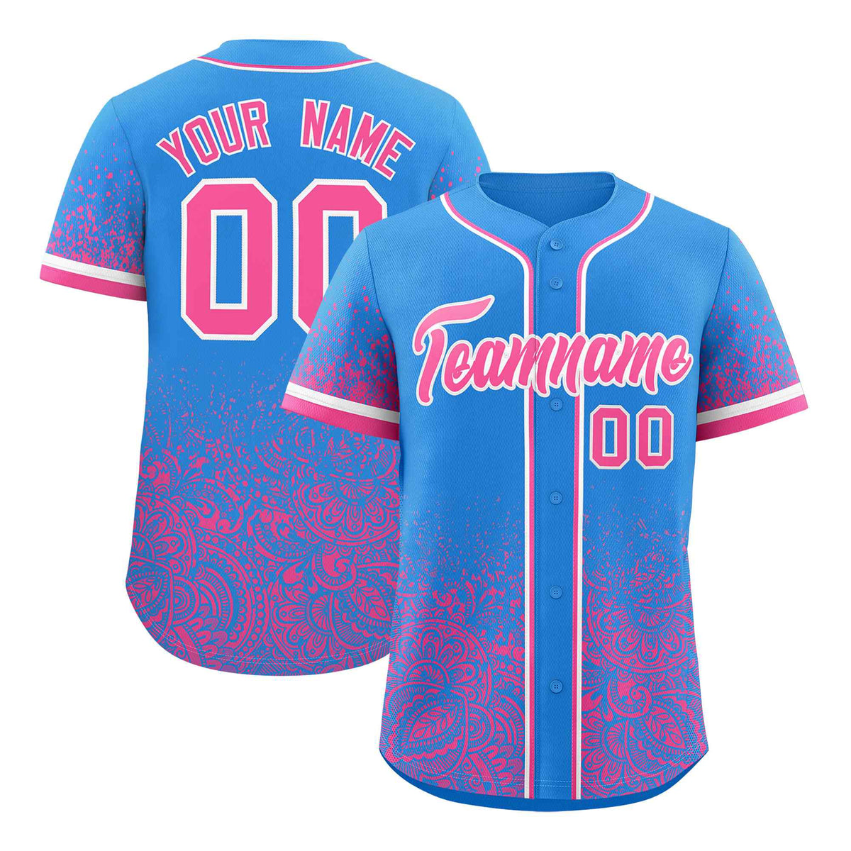 Custom Light Blue Pink Floral Print Pattern Full Button Gradient Fashion Baseball Jersey