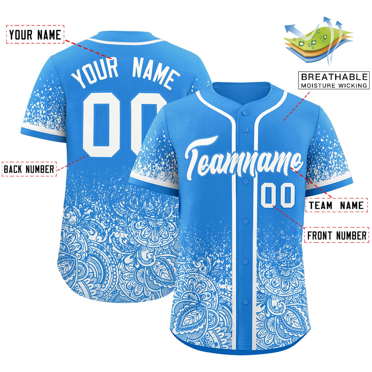Custom Light Blue White Floral Print Pattern Full Button Gradient Fashion Baseball Jersey