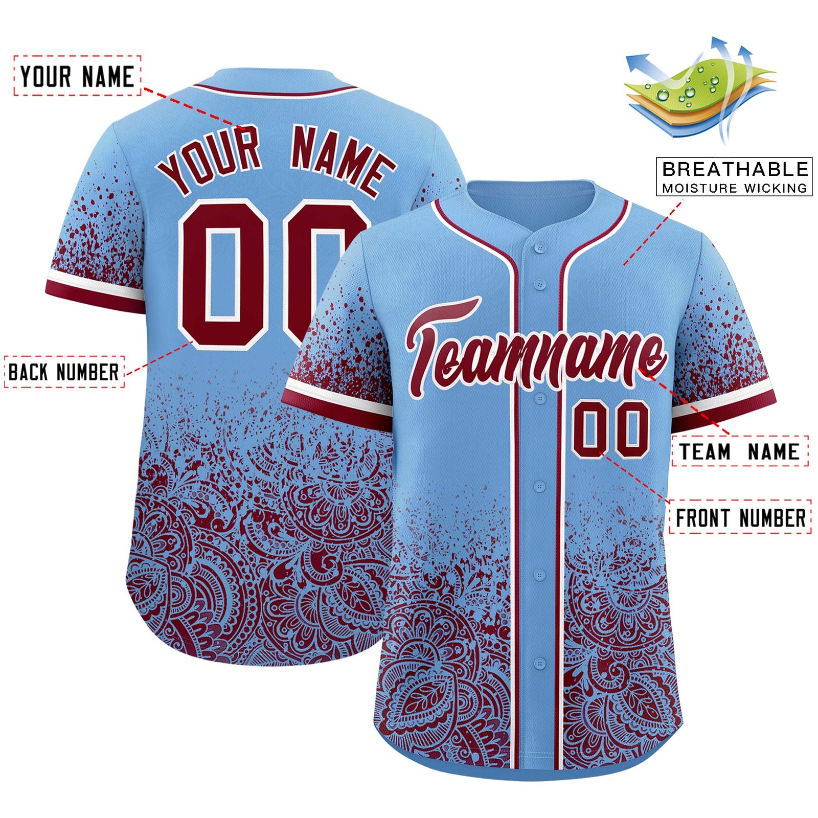 Custom Powder Blue Crimson Floral Print Pattern Full Button Gradient Fashion Baseball Jersey