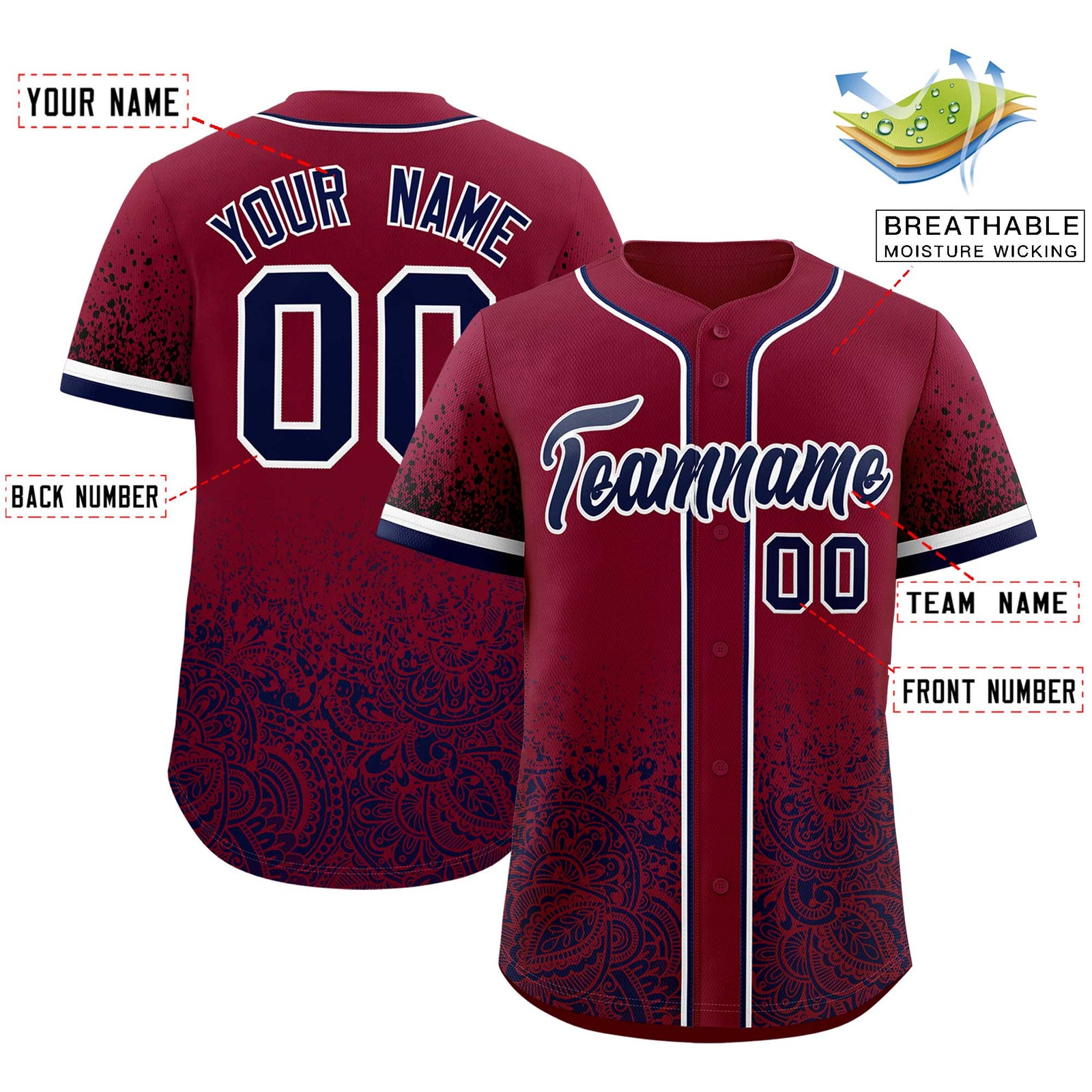 Custom Crimson Navy Floral Print Pattern Full Button Gradient Fashion Baseball Jersey