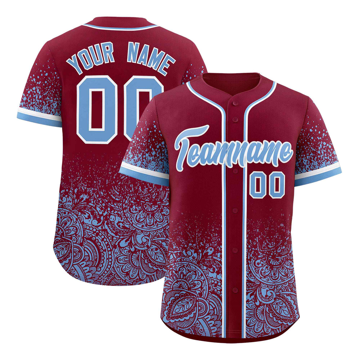 Custom Crimson Powder Blue Floral Print Pattern Full Button Gradient Fashion Baseball Jersey