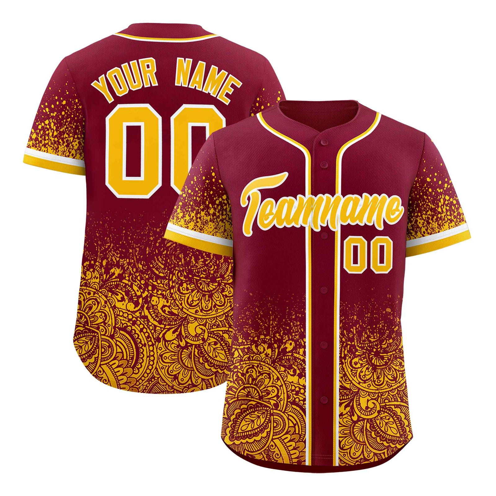 Custom Crimson Yellow Floral Print Pattern Full Button Gradient Fashion Baseball Jersey