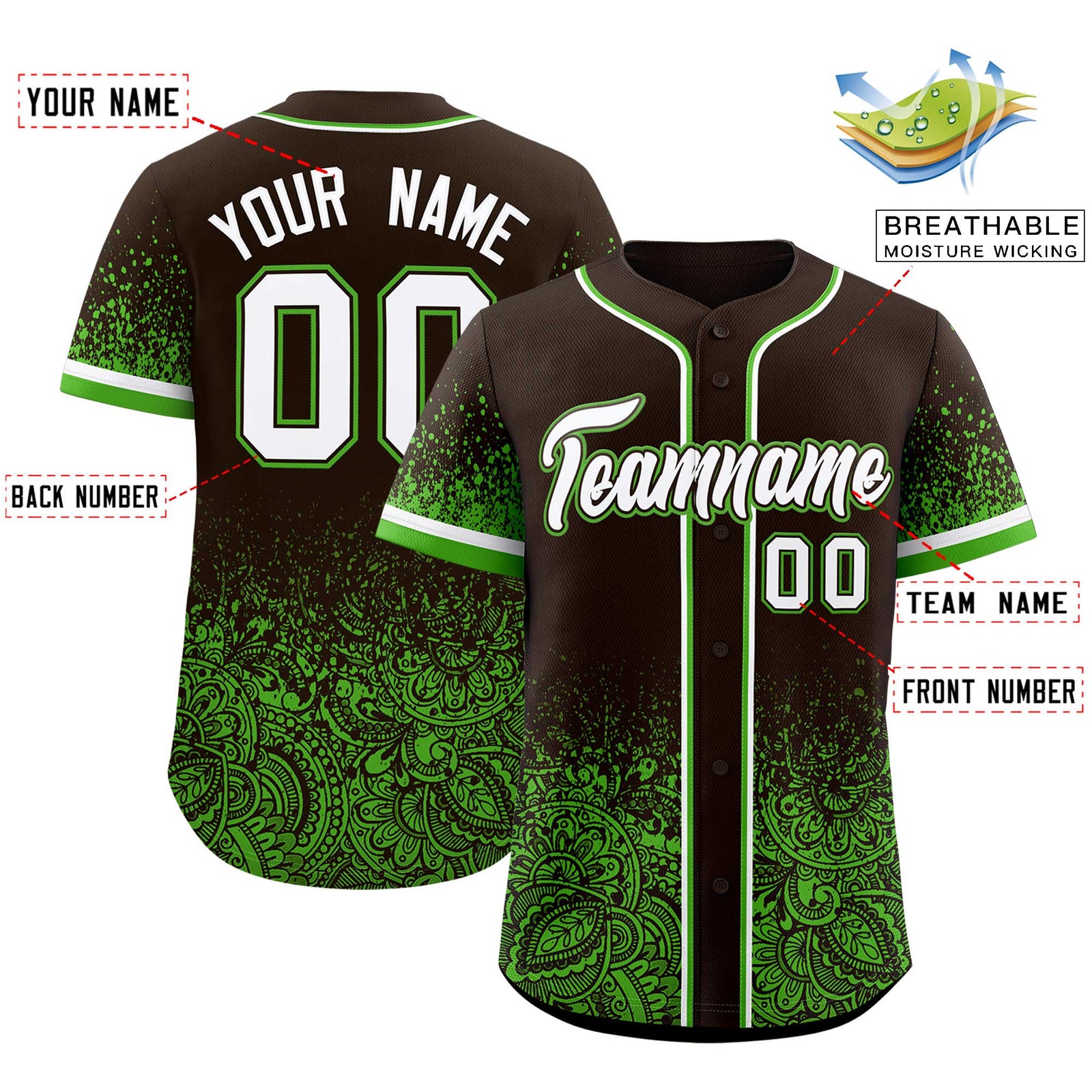 Custom Brown Green Floral Print Pattern Full Button Gradient Fashion Baseball Jersey