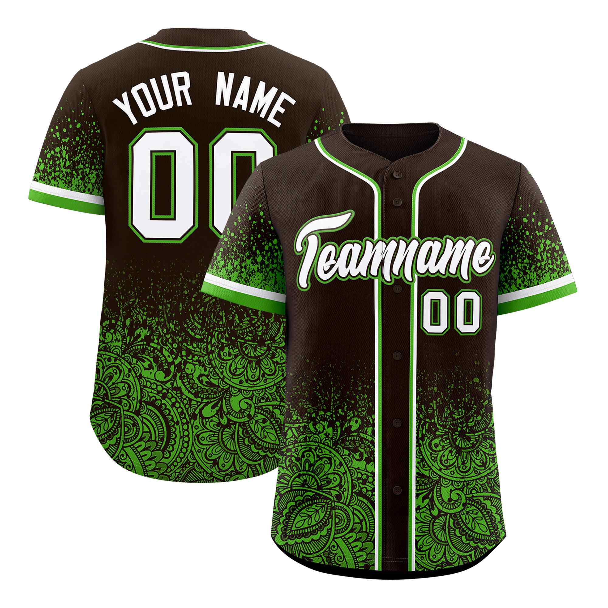 Custom Brown Green Floral Print Pattern Full Button Gradient Fashion Baseball Jersey