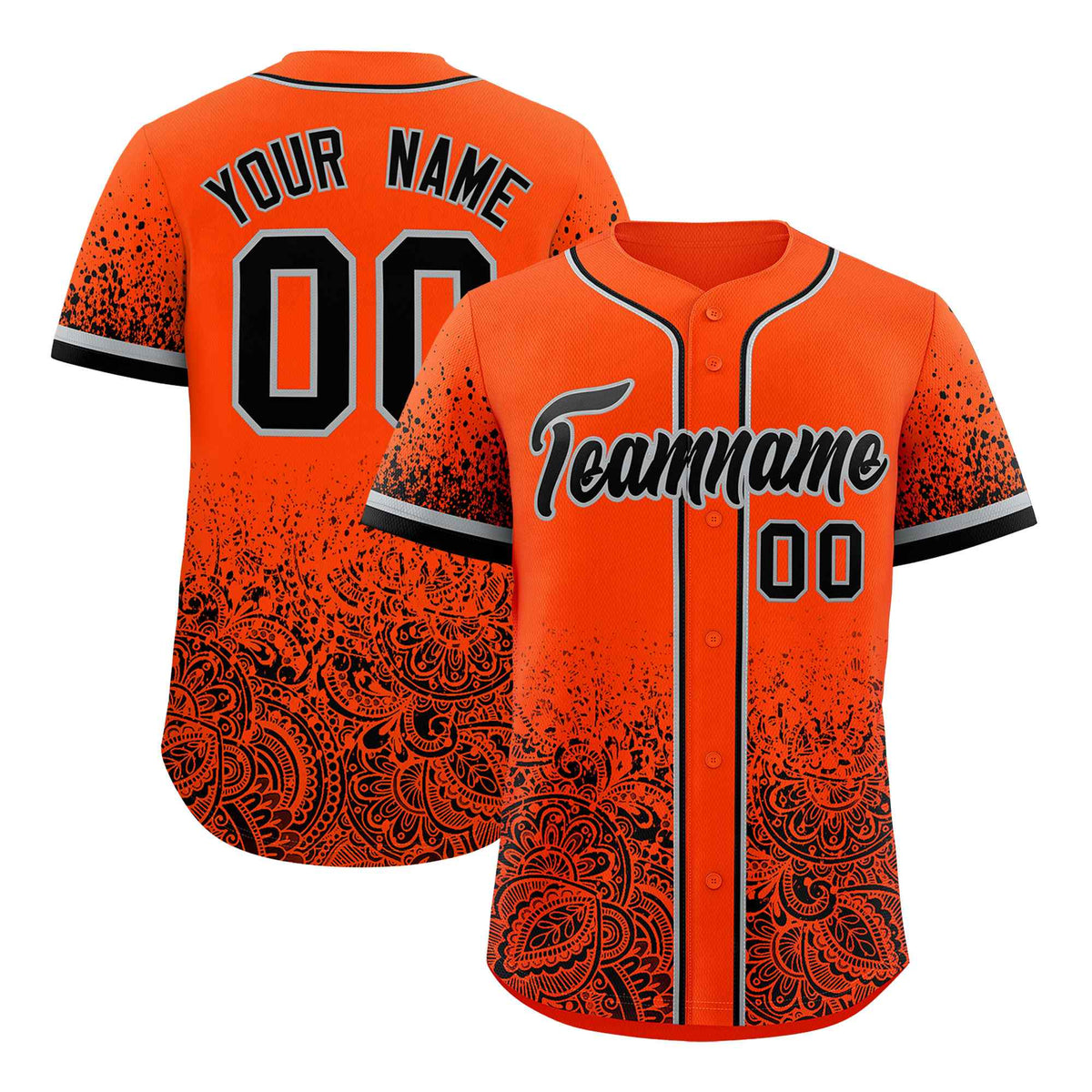Custom Orange Black Floral Print Pattern Full Button Gradient Fashion Baseball Jersey