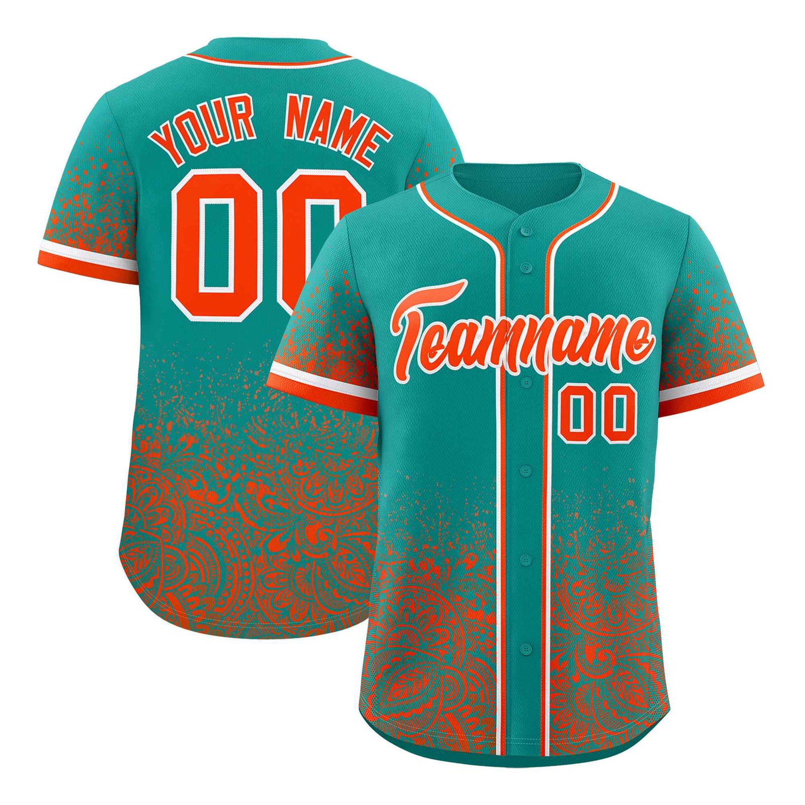Custom Aqua Orange Floral Print Pattern Full Button Gradient Fashion Baseball Jersey