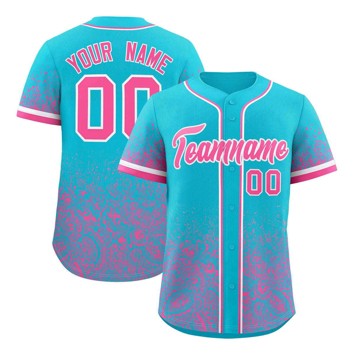 Custom Sky Blue Pink Floral Print Pattern Full Button Gradient Fashion Baseball Jersey