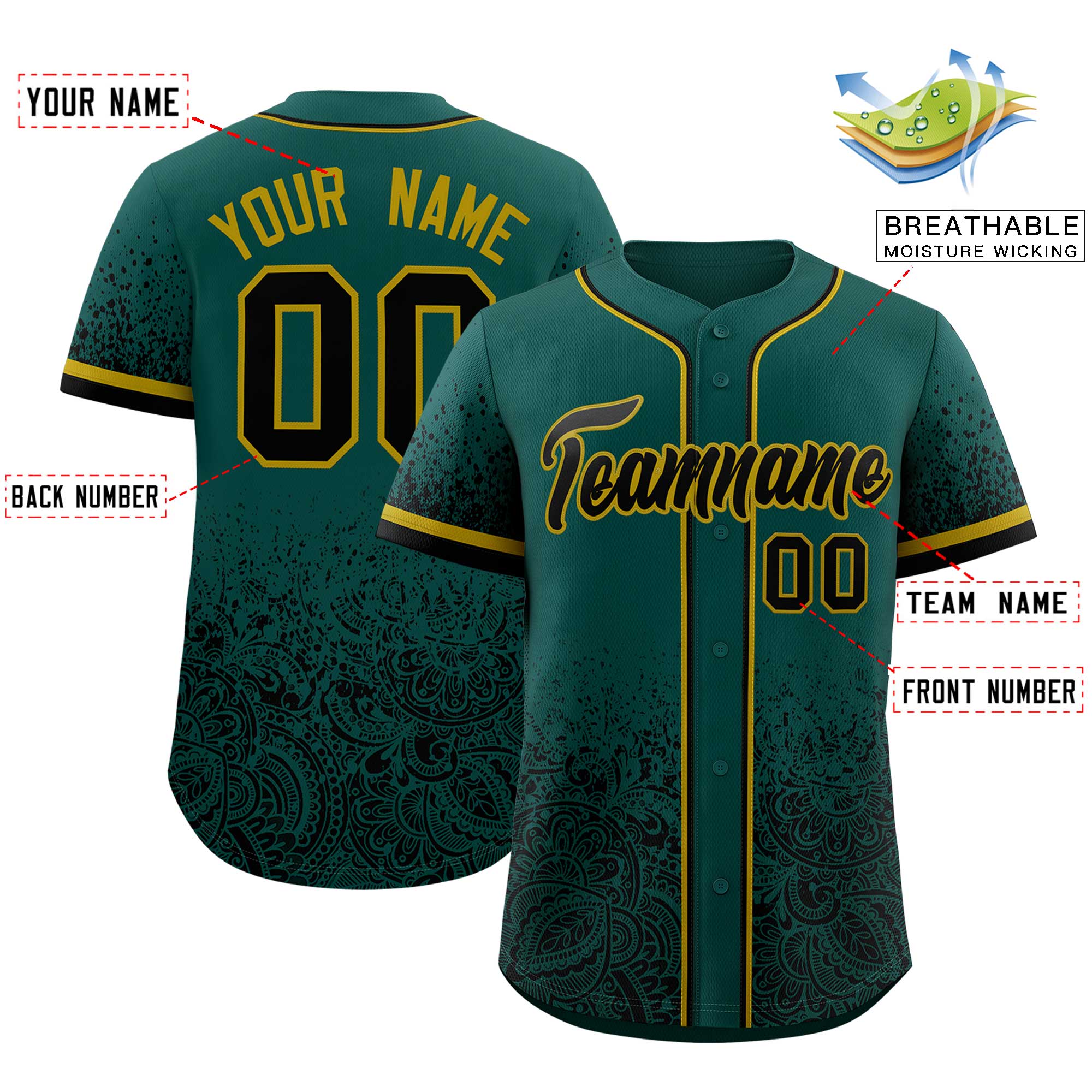 Custom Midnight Green Black Floral Print Pattern Full Button Gradient Fashion Baseball Jersey