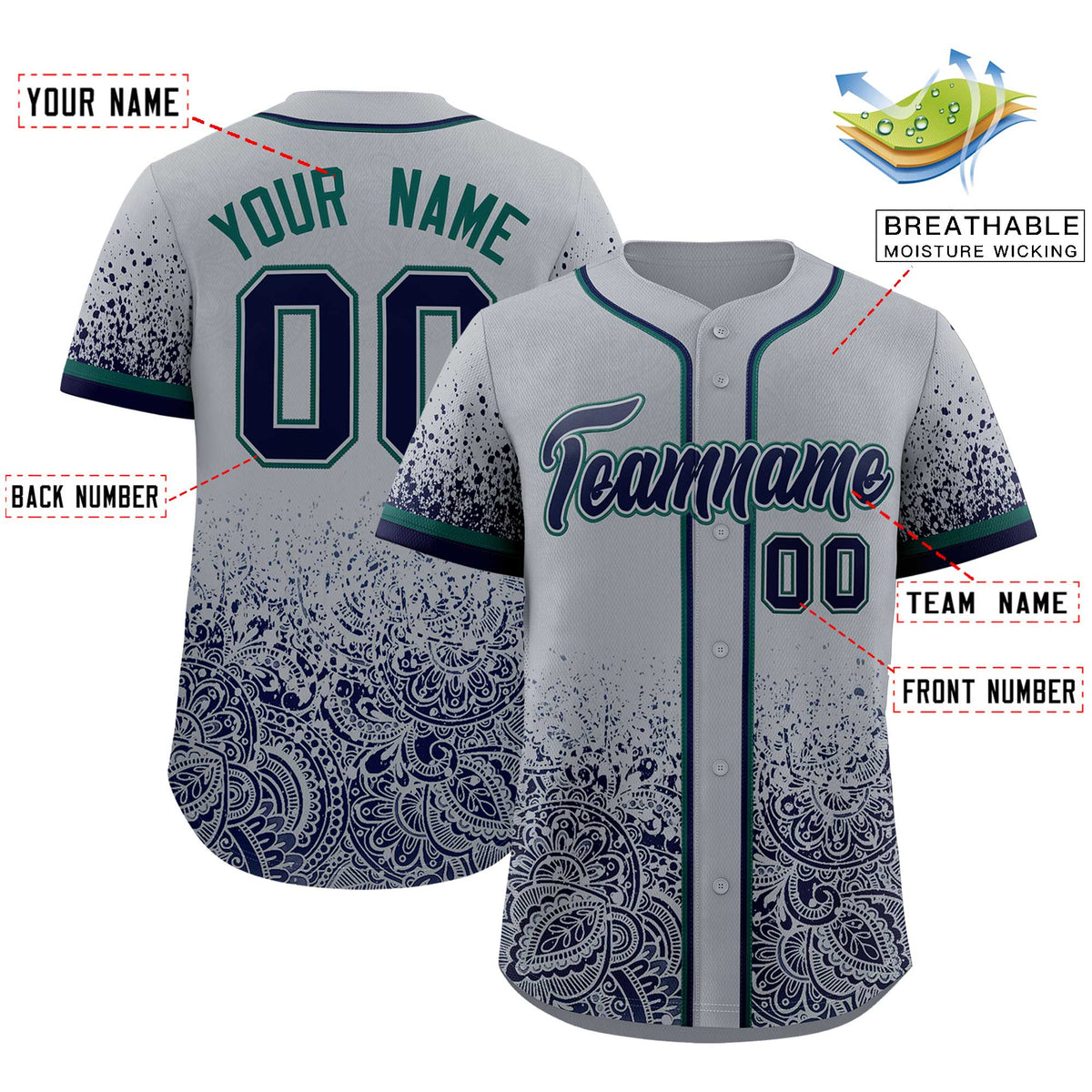 Custom Gray Navy Floral Print Pattern Full Button Gradient Fashion Baseball Jersey