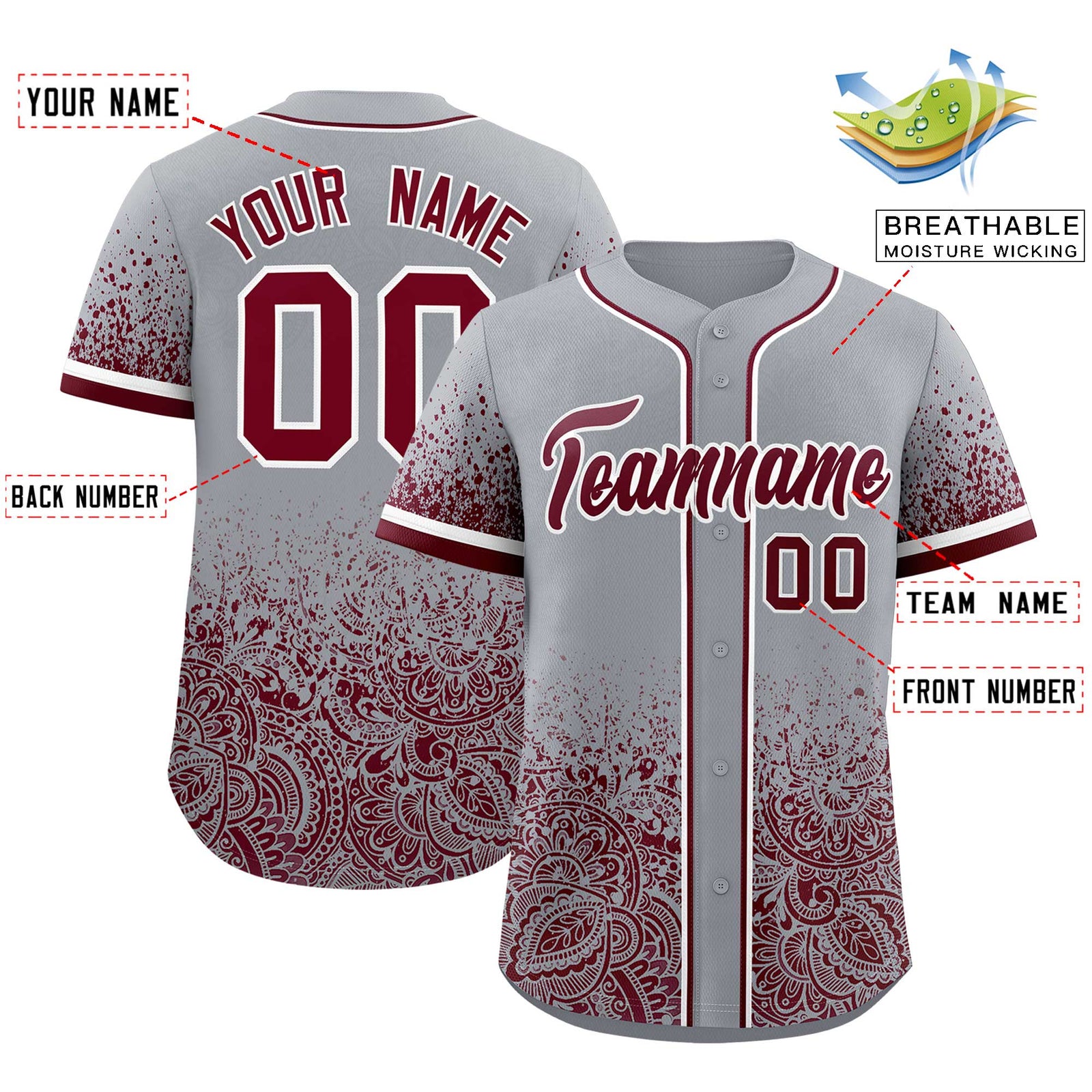 Custom Gray Crimson Floral Print Pattern Full Button Gradient Fashion Baseball Jersey