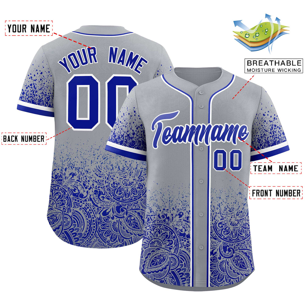 Custom Gray Royal Floral Print Pattern Full Button Gradient Fashion Baseball Jersey