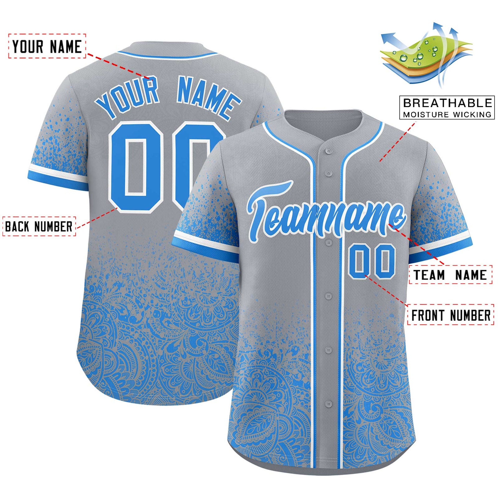 Custom Gray Light Blue Floral Print Pattern Full Button Gradient Fashion Baseball Jersey