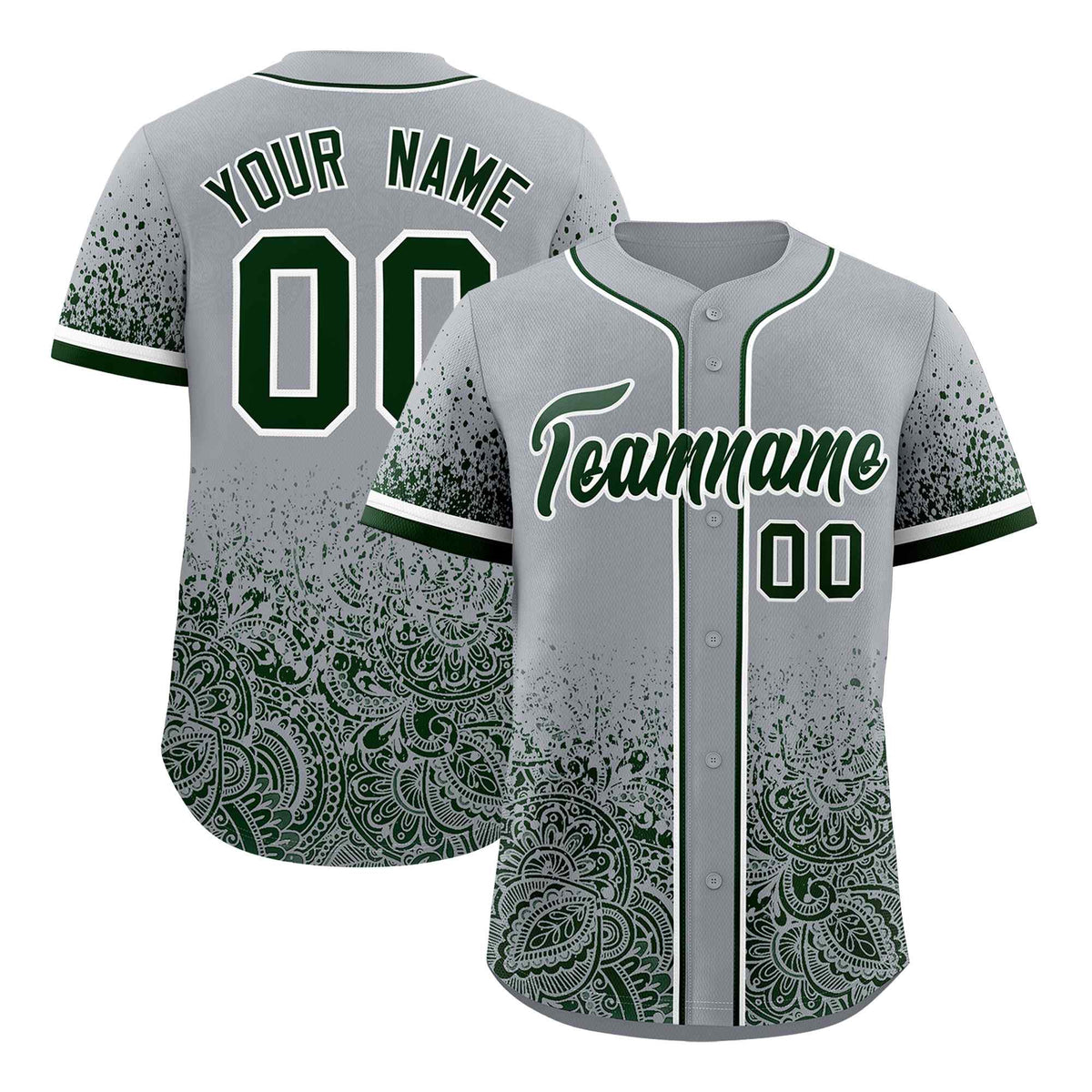 Custom Gray Green Floral Print Pattern Full Button Gradient Fashion Baseball Jersey