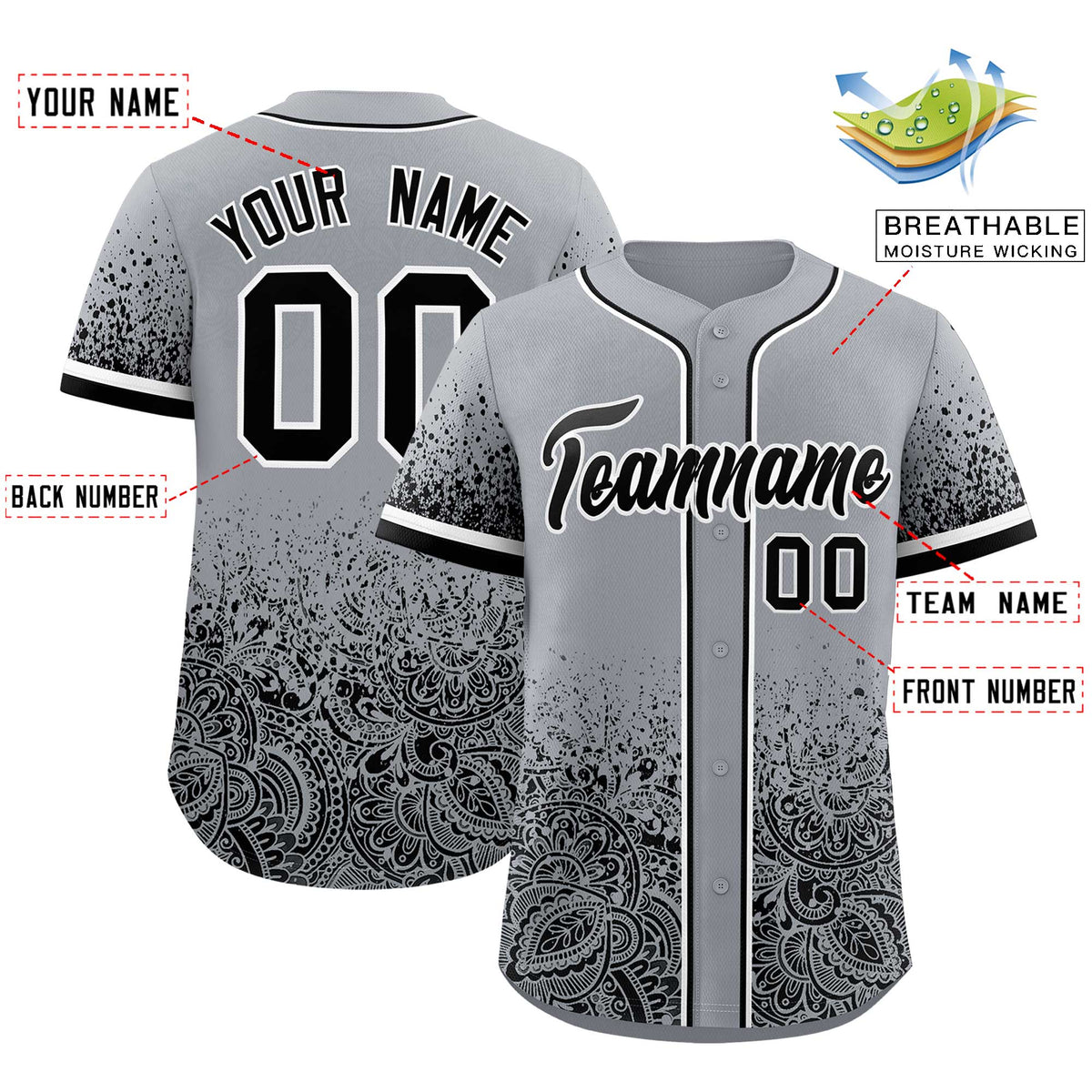 Custom Gray Black Floral Print Pattern Full Button Gradient Fashion Baseball Jersey