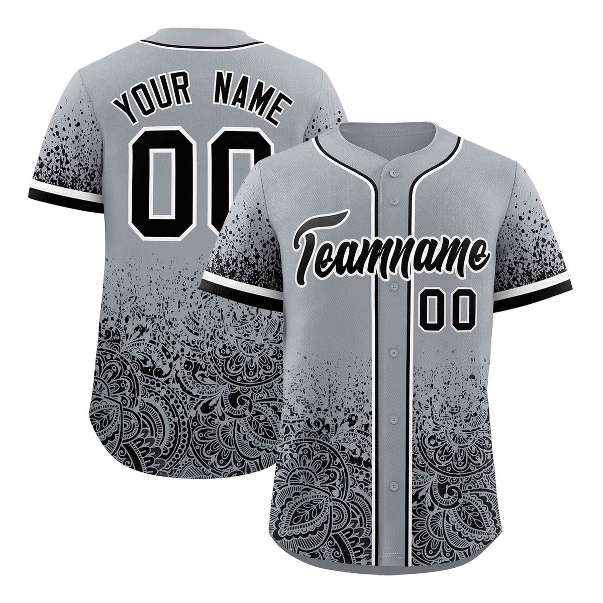 Custom Gray Black Floral Print Pattern Full Button Gradient Fashion Baseball Jersey