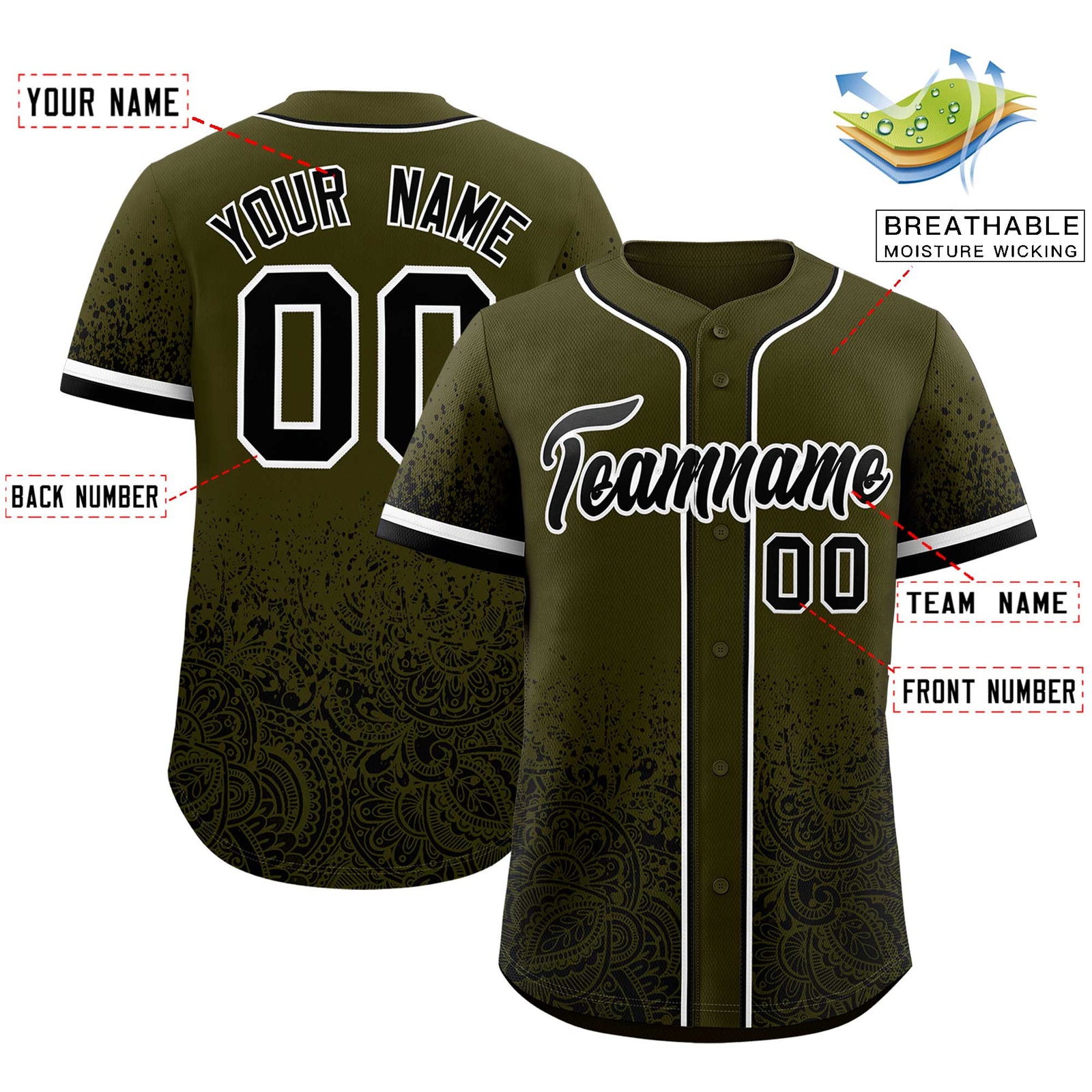 Custom Olive Black Floral Print Pattern Full Button Gradient Fashion Baseball Jersey