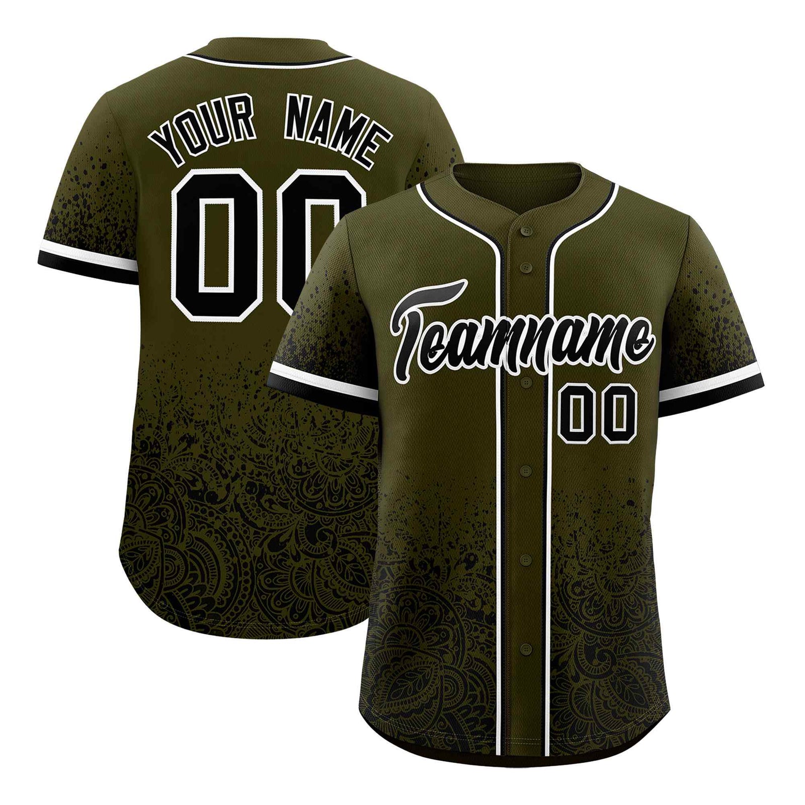 Custom Olive Black Floral Print Pattern Full Button Gradient Fashion Baseball Jersey