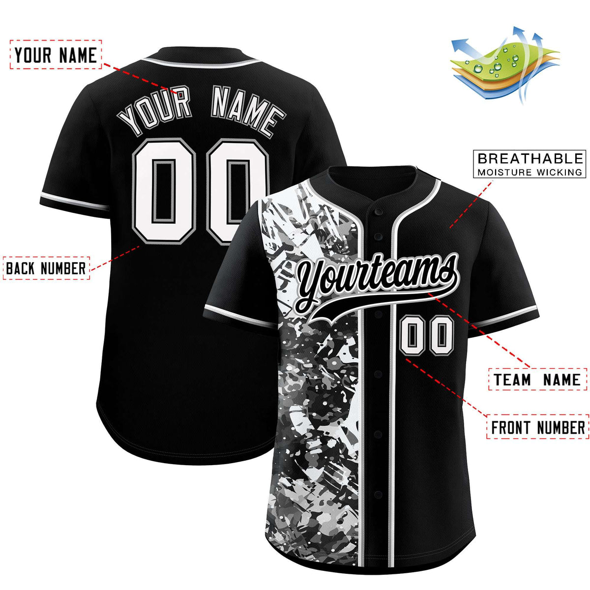 Custom Black White Split Personalized Graffiti Raglan Sleeve Authentic Baseball Jersey