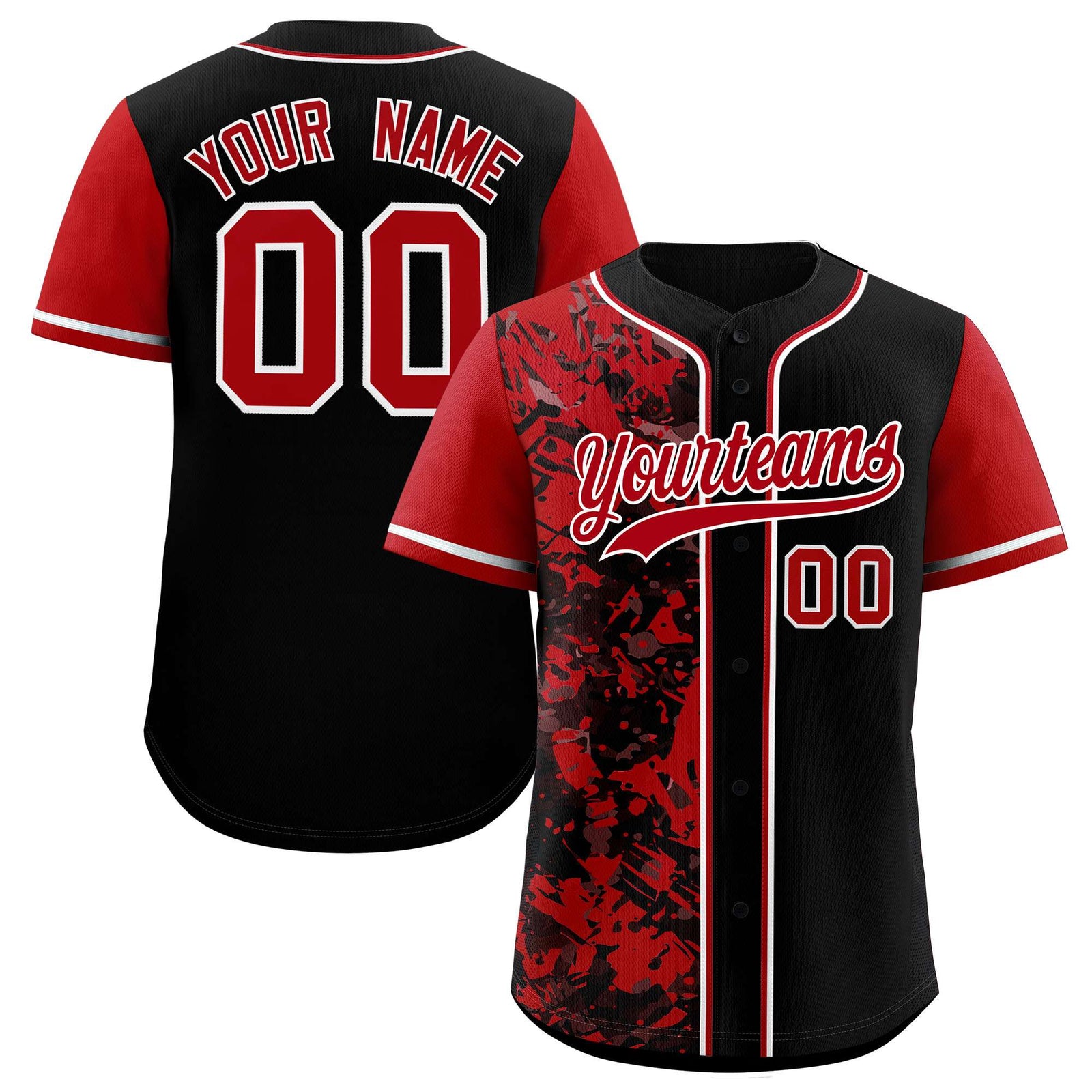 Custom Black Red Split Personalized Graffiti Raglan Sleeve Authentic Baseball Jersey