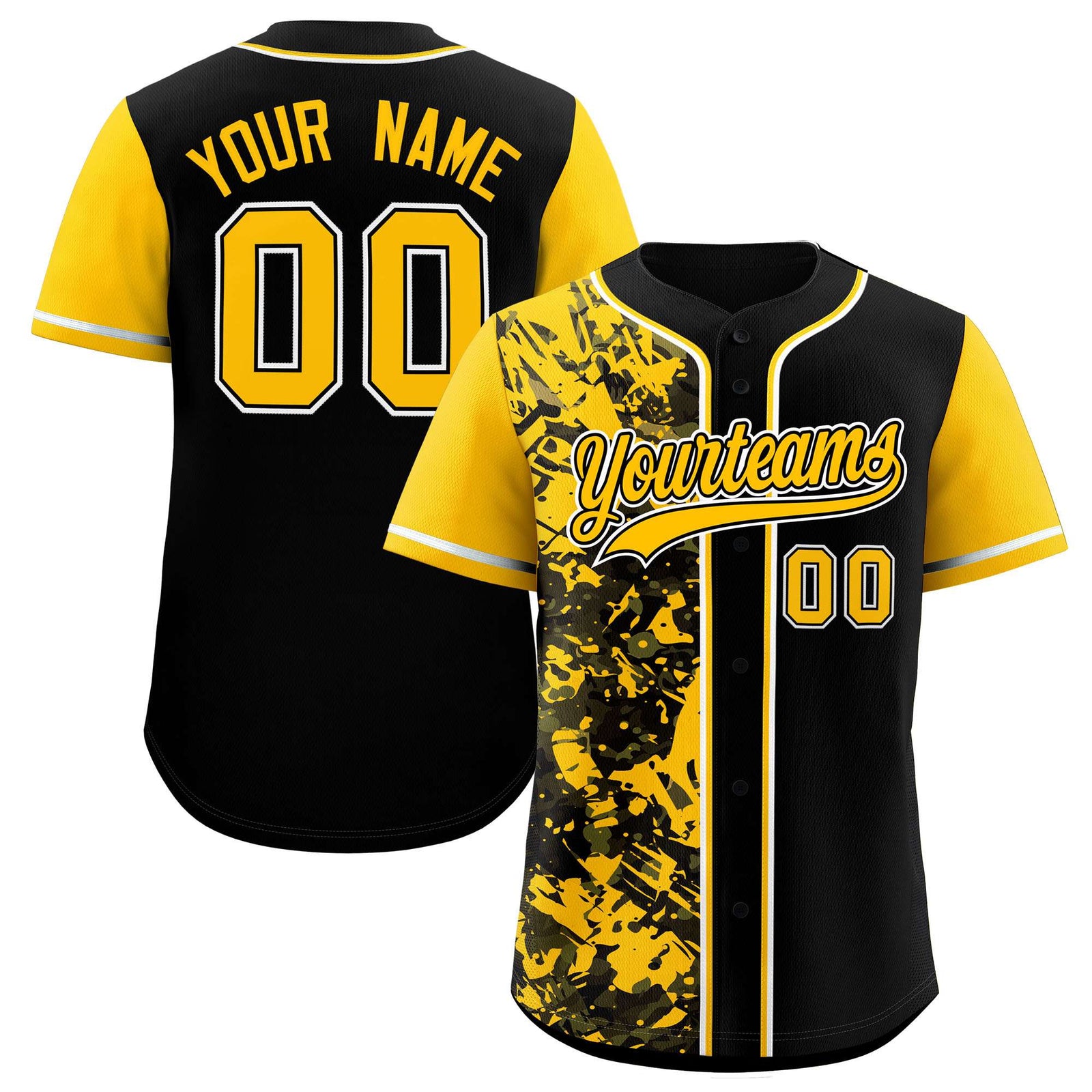 Custom Black Yellow Split Personalized Graffiti Raglan Sleeve Authentic Baseball Jersey