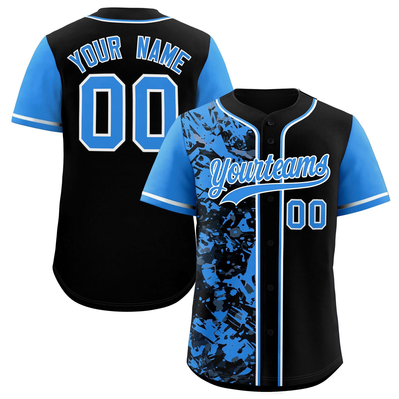 Custom Black Blue Split Personalized Graffiti Raglan Sleeve Authentic Baseball Jersey