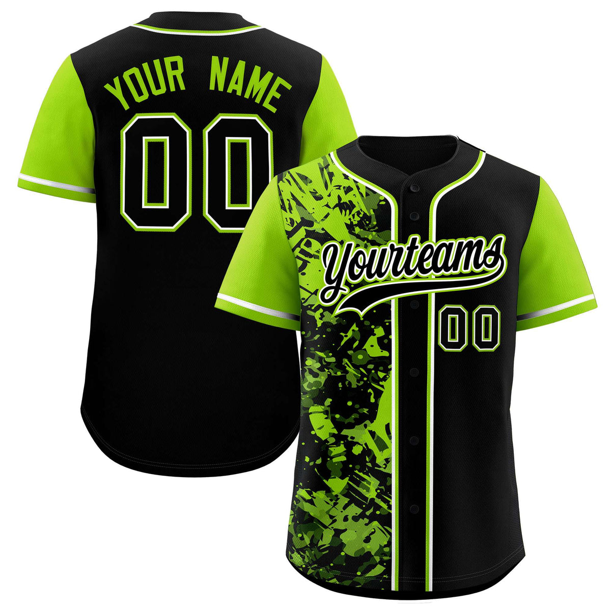 Custom Black Neon Green Split Personalized Graffiti Raglan Sleeve Authentic Baseball Jersey