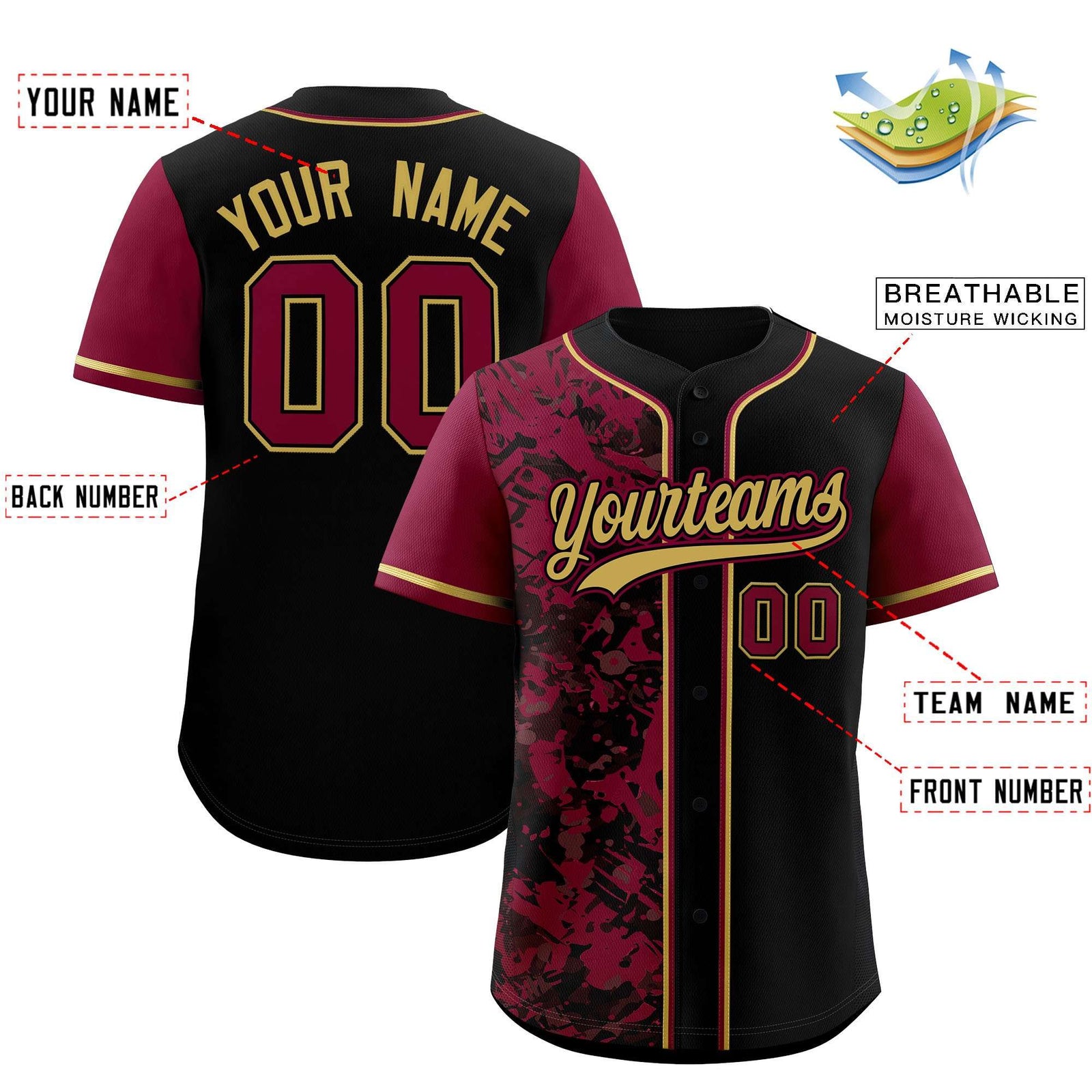 Custom Black Crimson Split Personalized Graffiti Raglan Sleeve Authentic Baseball Jersey
