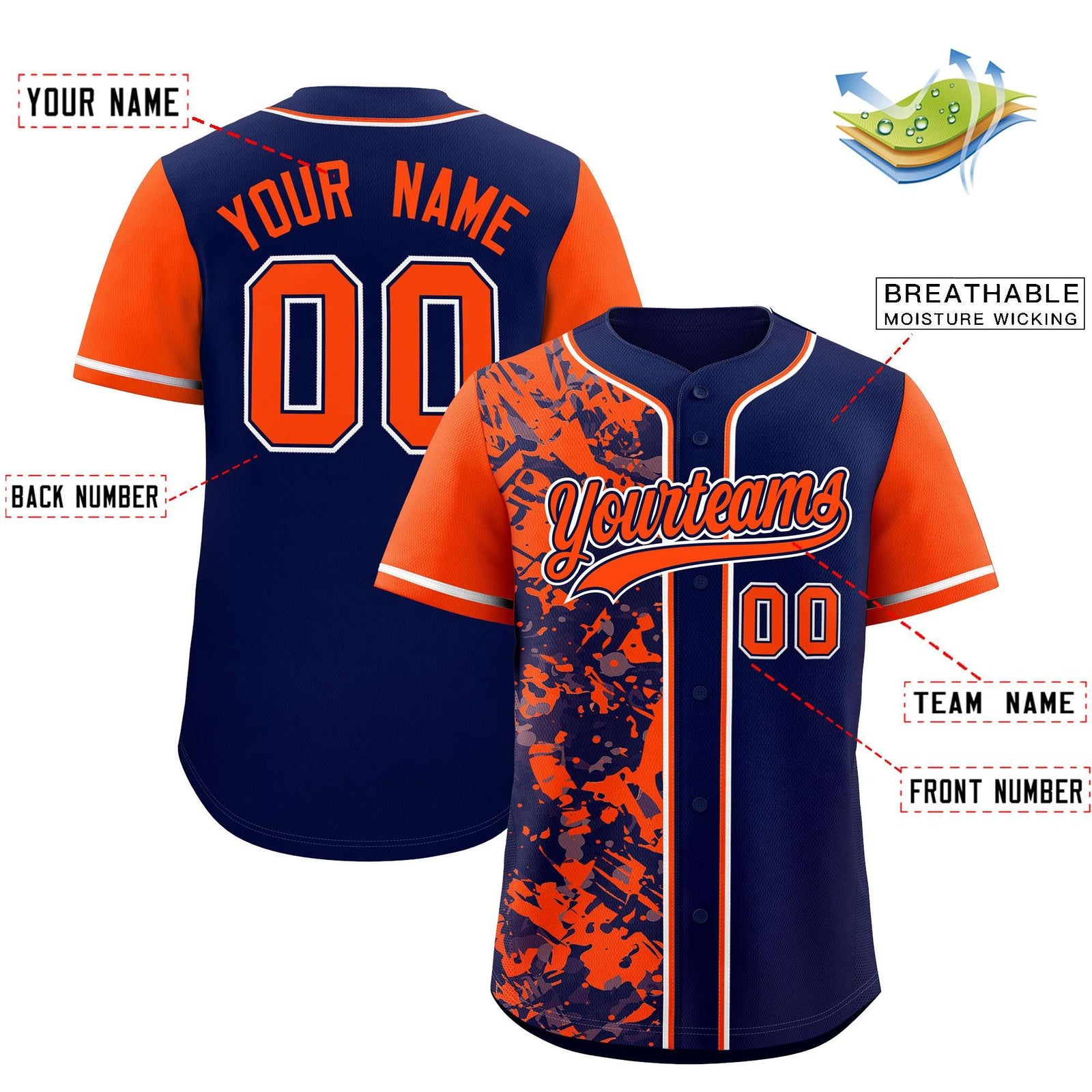 Custom Navy Orange Split Personalized Graffiti Raglan Sleeve Authentic Baseball Jersey
