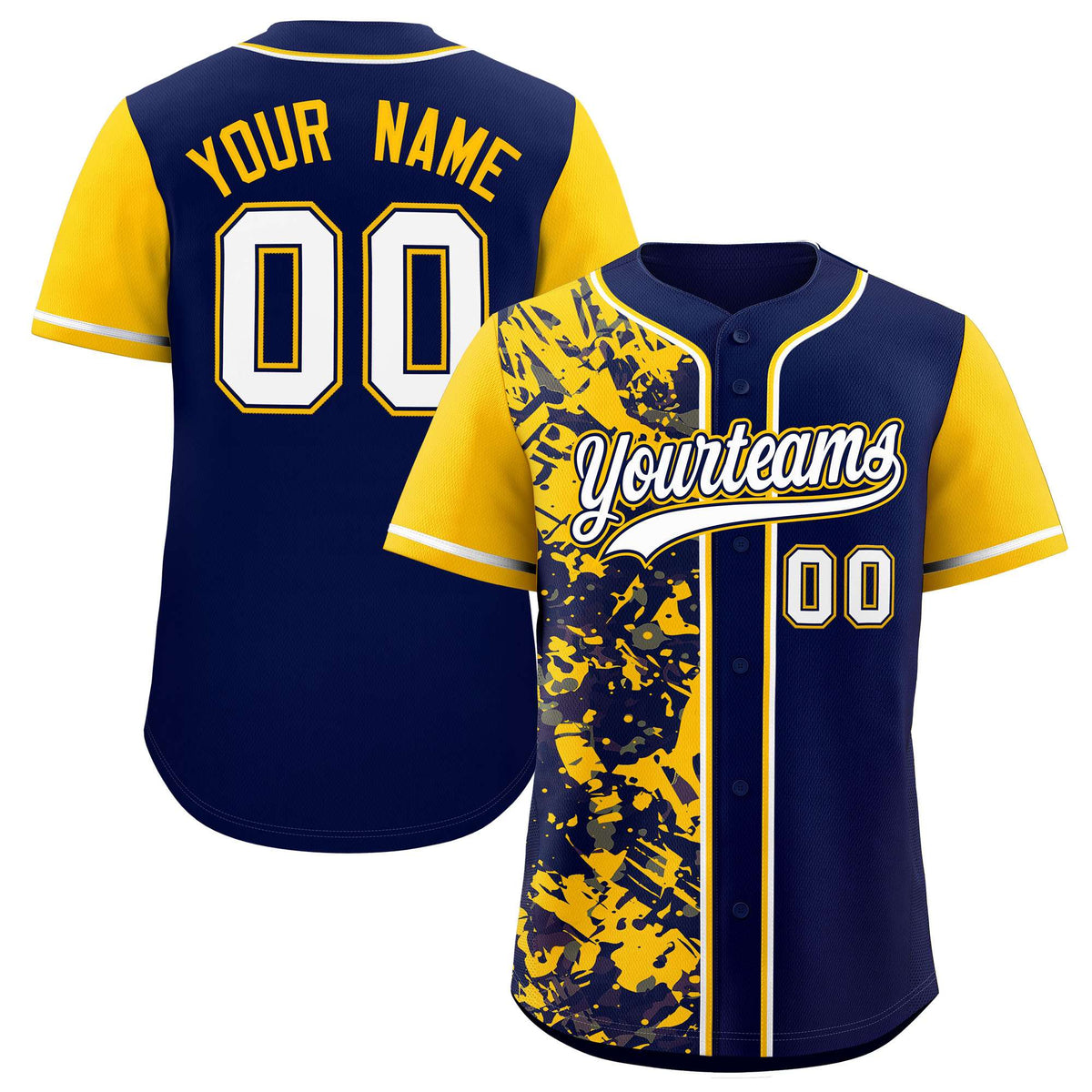 Custom Navy Yellow Split Personalized Graffiti Raglan Sleeve Authentic Baseball Jersey