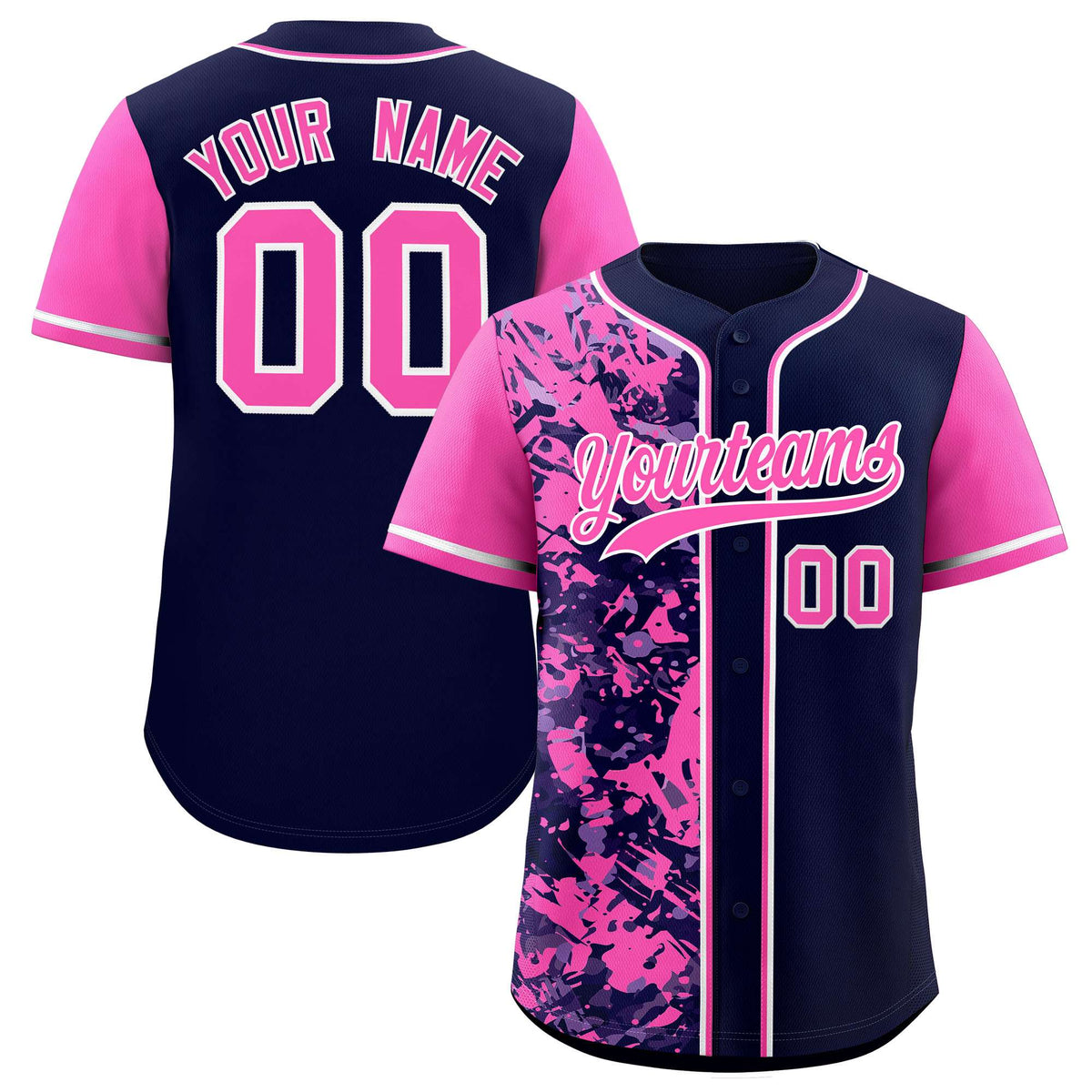 Custom Navy Pink Split Personalized Graffiti Raglan Sleeve Authentic Baseball Jersey